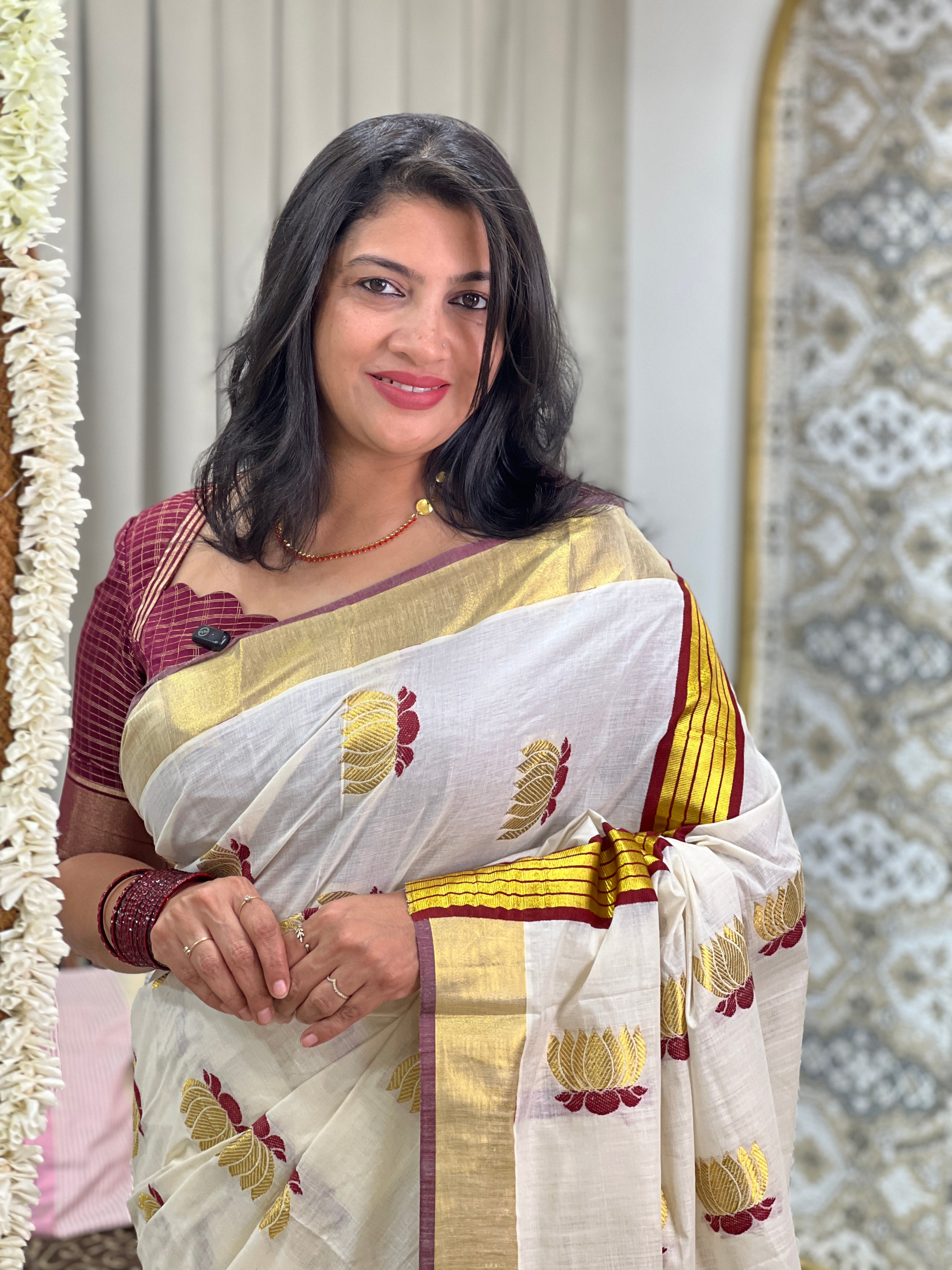 Lotus Pattern Kerala Cotton Saree | GAT425