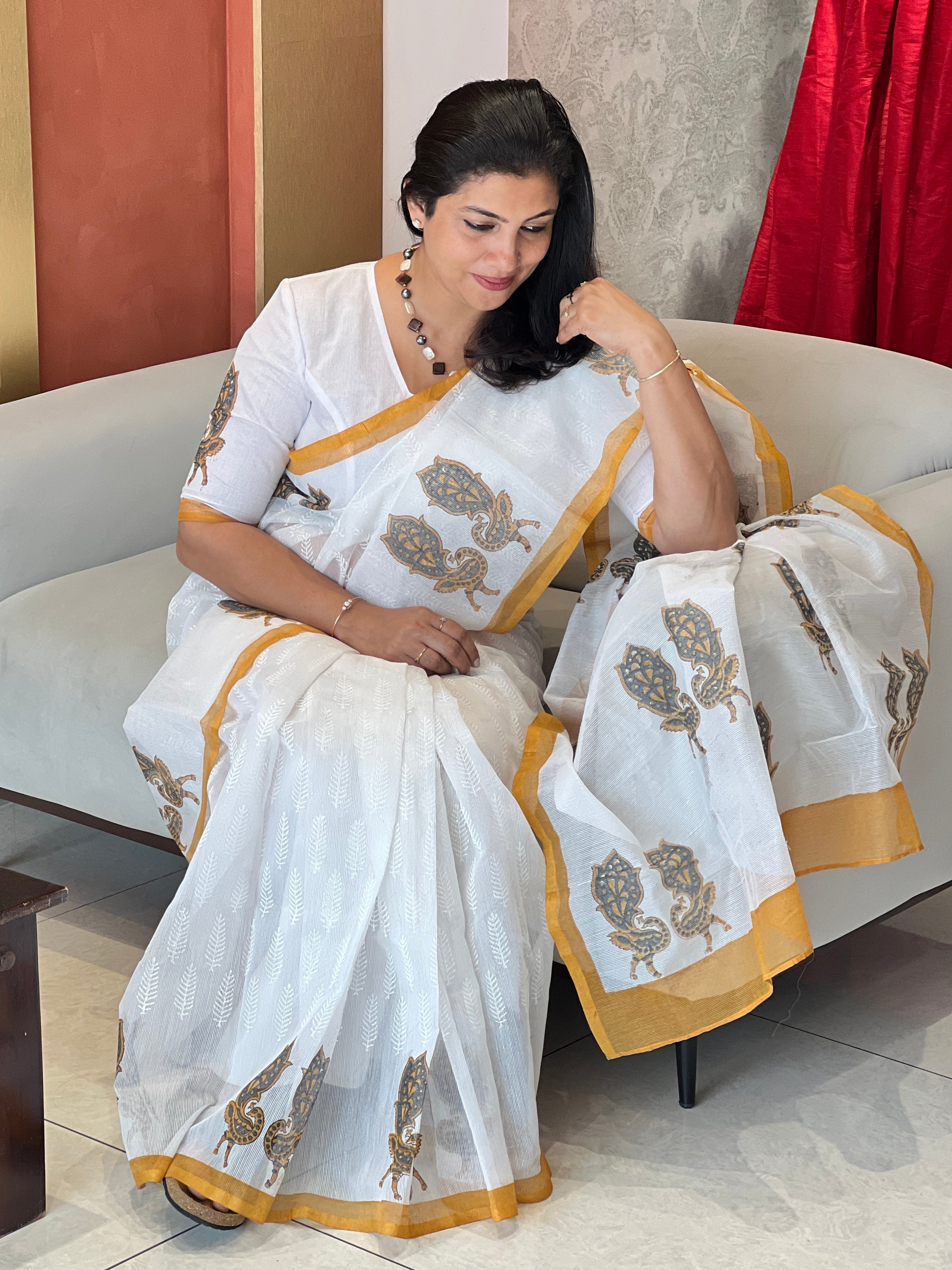 Hand Block Printed Supernet Kota Saree | JSC106