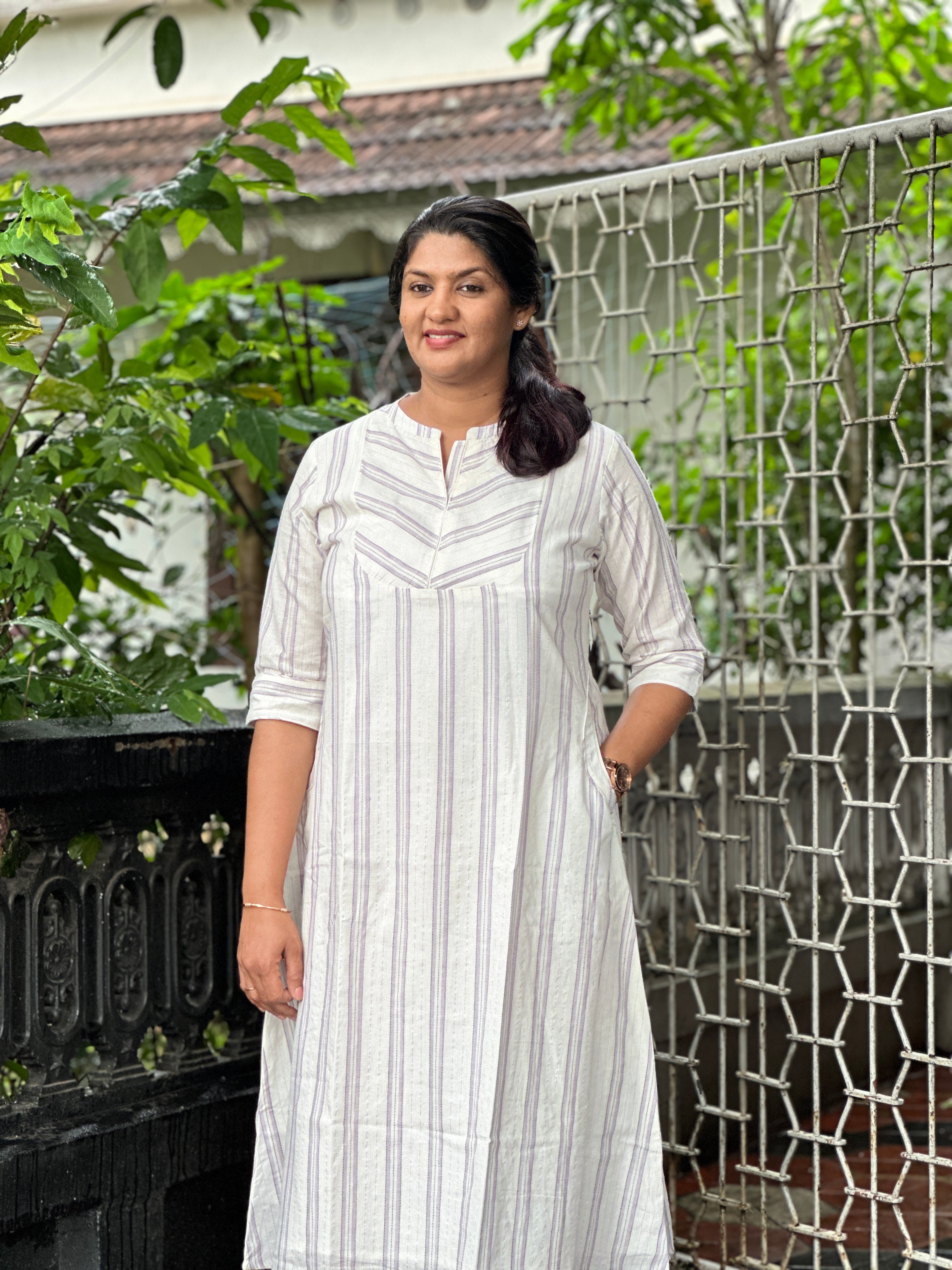 Stripe Weaving Pattern Cotton Kurta | GHB109