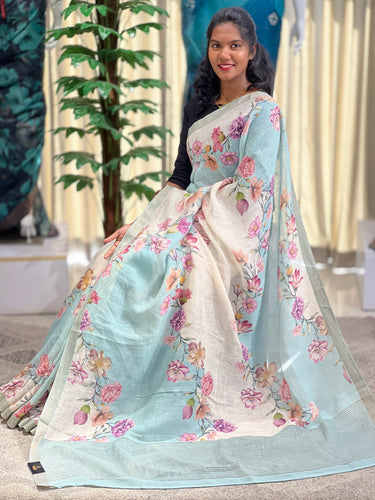 Floral Digital Printed Pure Linen Saree | RGD699