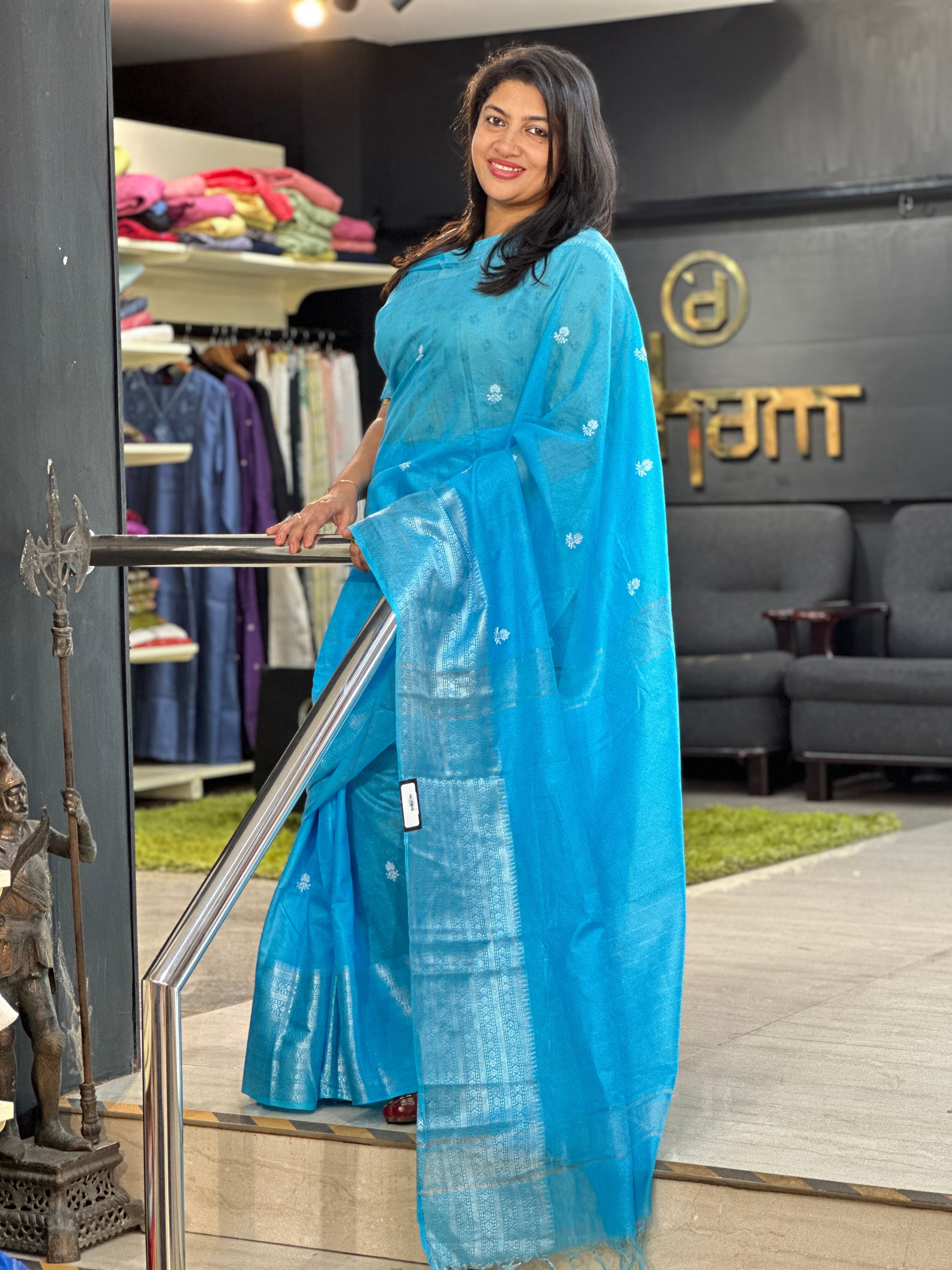 Floral Embroidery Bhagalpuri Linen Saree | NHH452