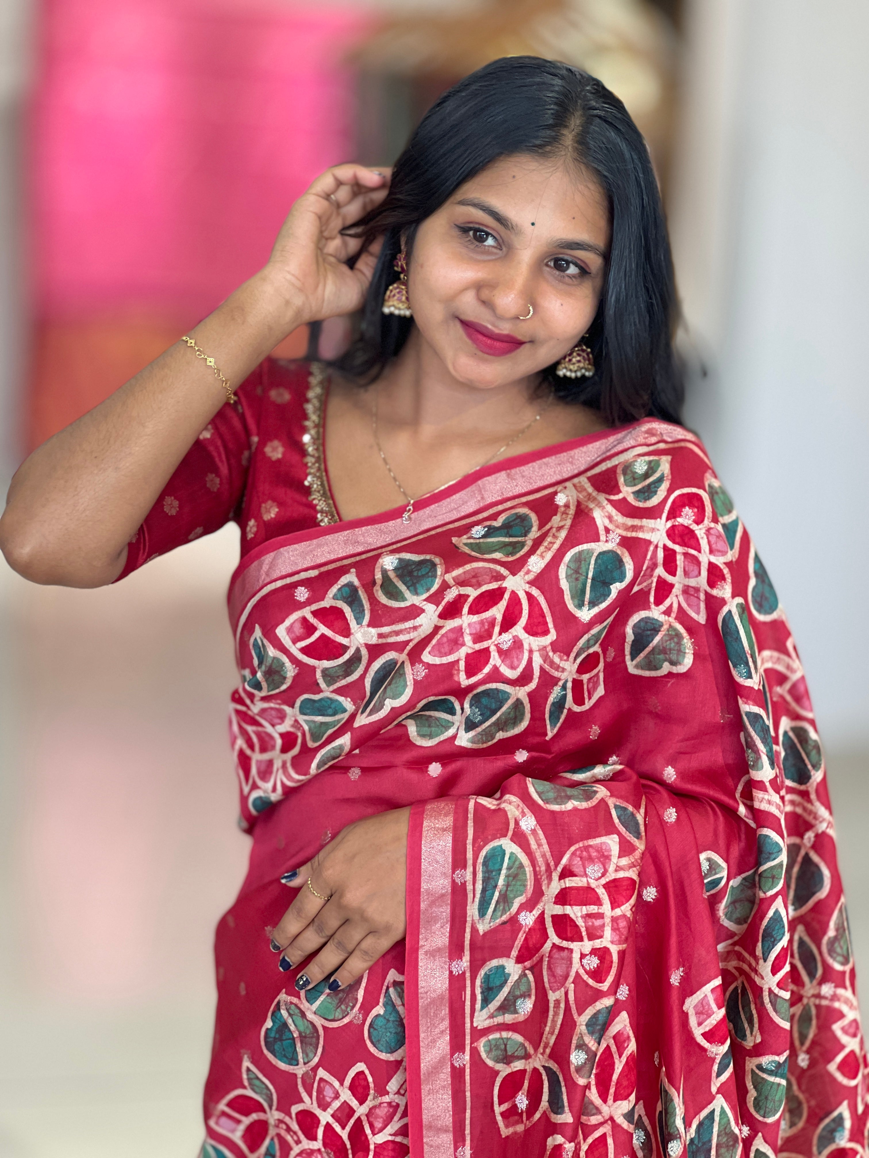Batik Floral Printed Chanderi Silk Saree | RGD644