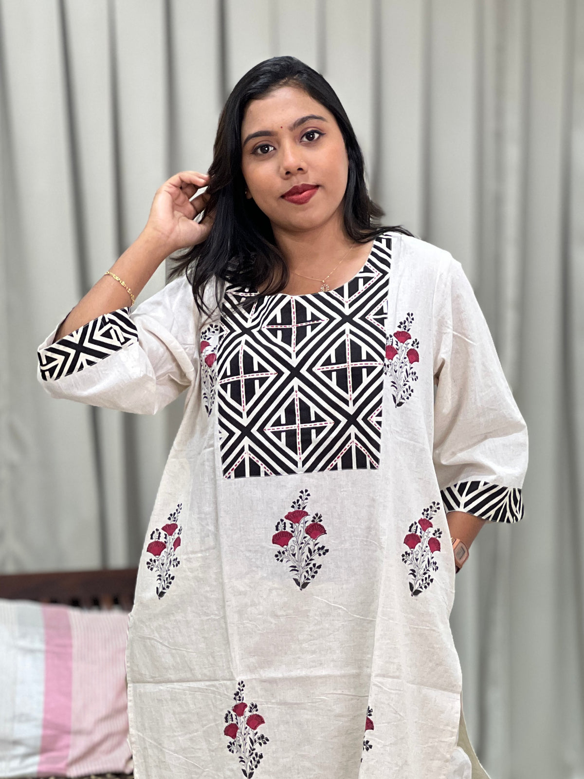 Geometric Kantha Sequins Cotton Kurta Set |OMF157