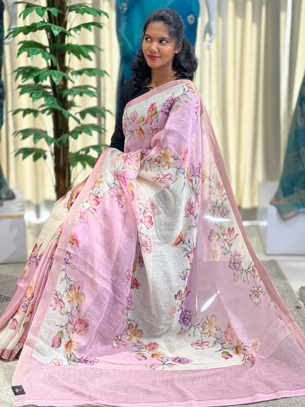 Floral Digital Printed Pure Linen Saree | RGD700