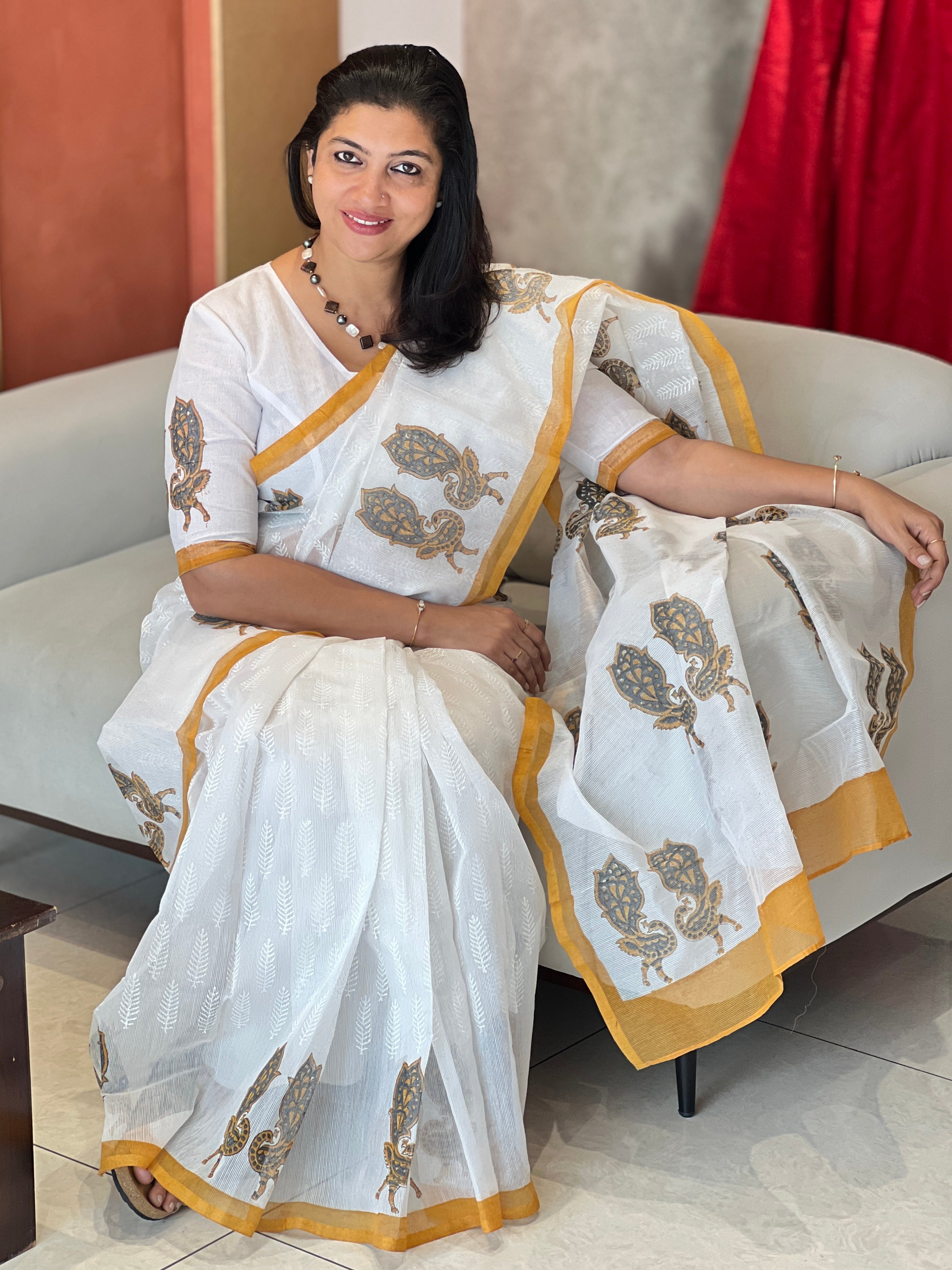 Hand Block Printed Supernet Kota Saree | JSC106