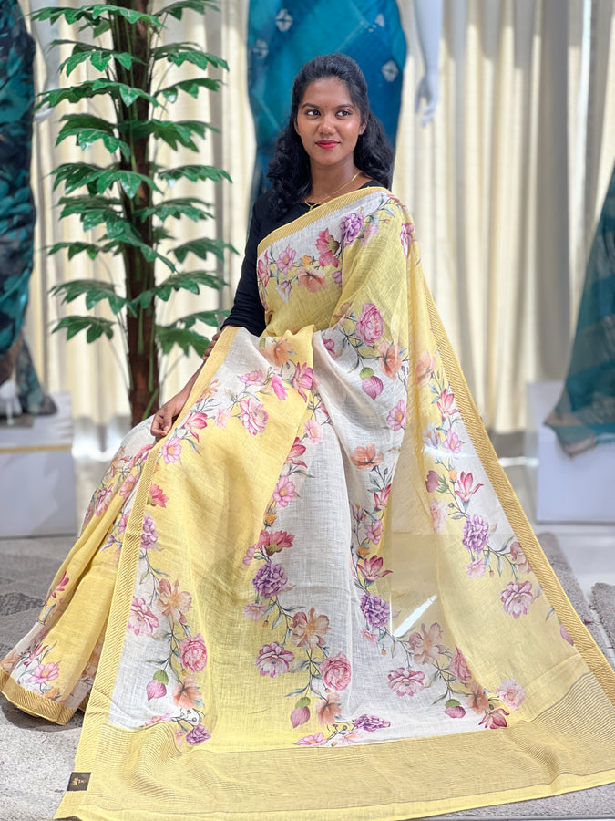 Floral Digital Printed Pure Linen Saree | RGD698