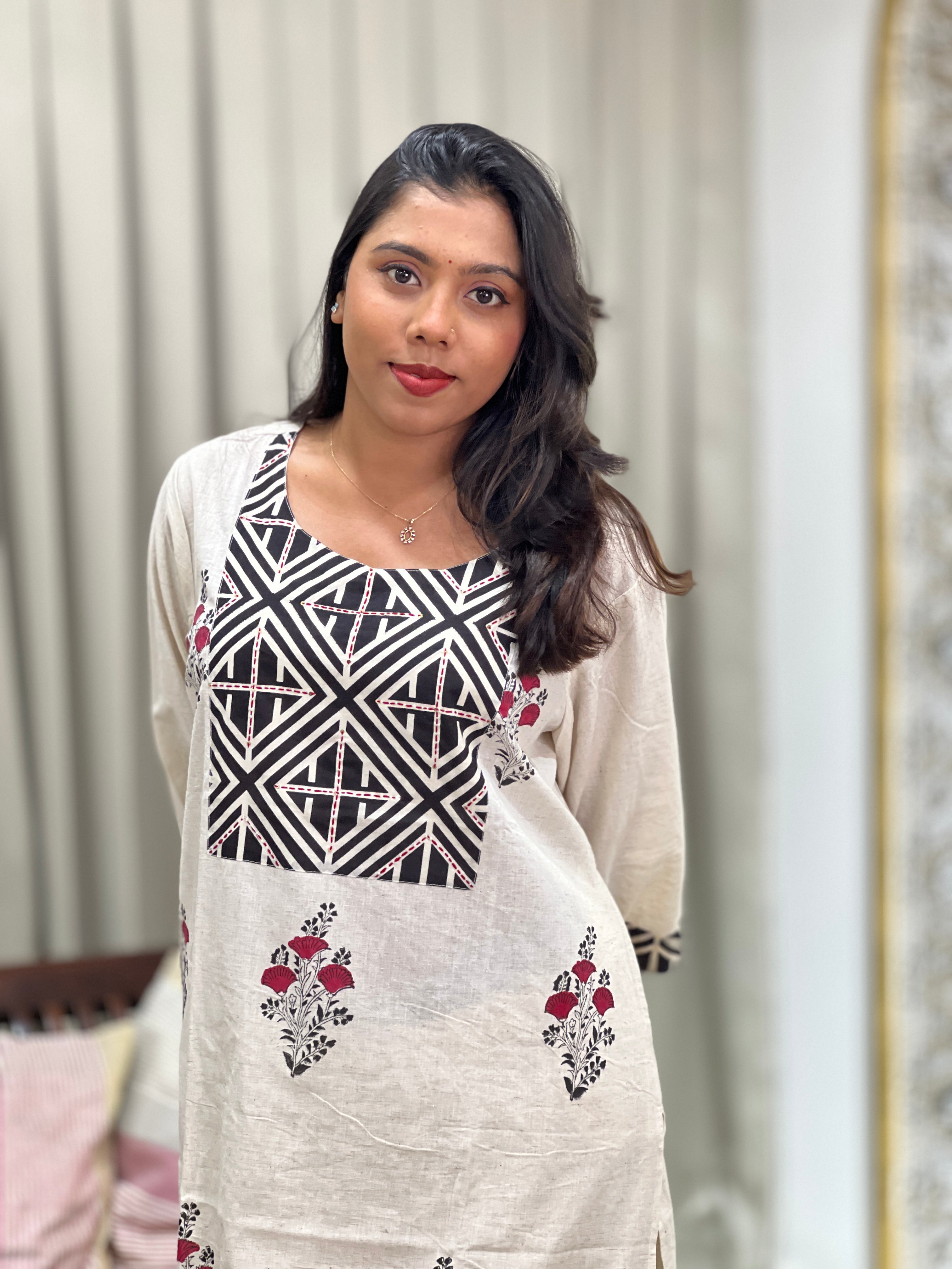Geometric Kantha Sequins Cotton Kurta Set |OMF157