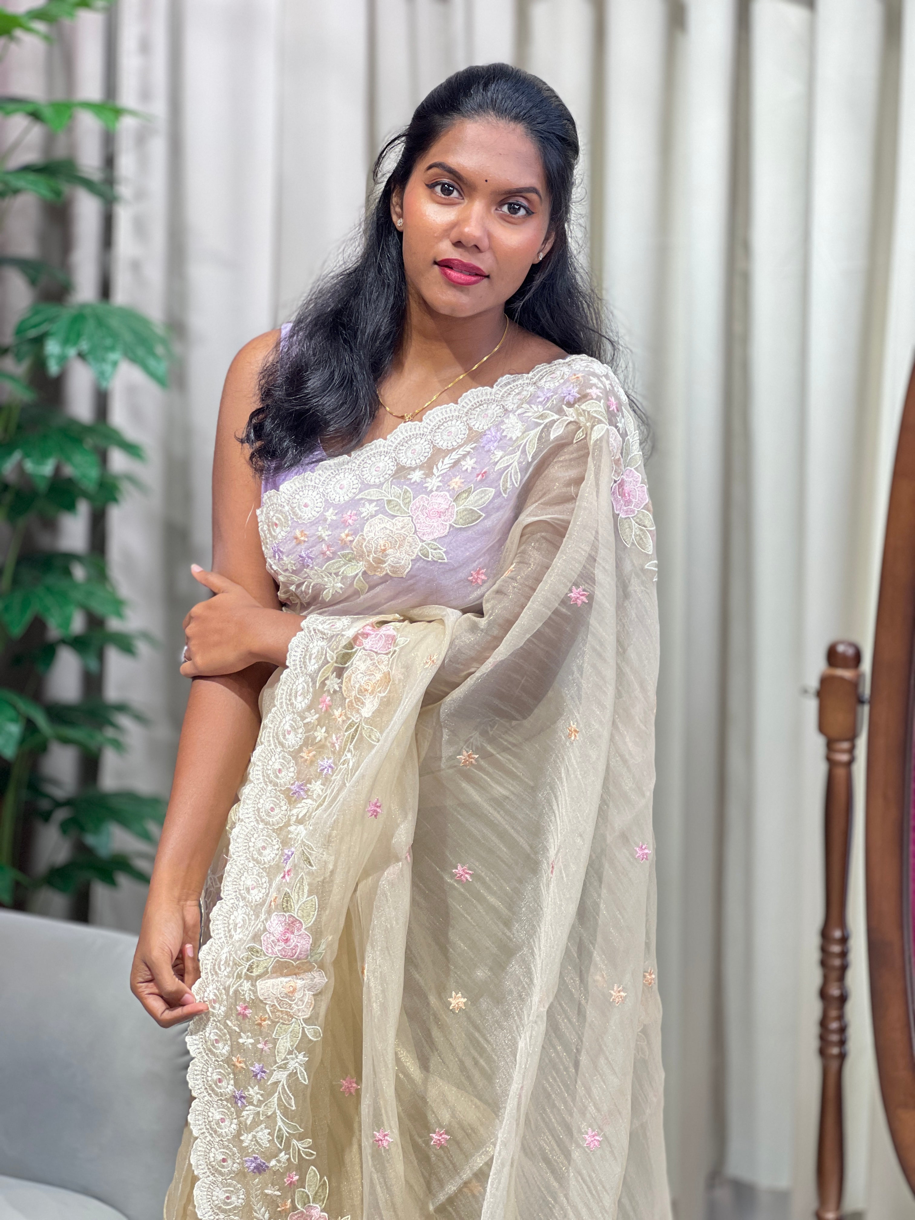 Floral Embroidery Detailed Crushed Shimmer Organza Saree | BLD2152