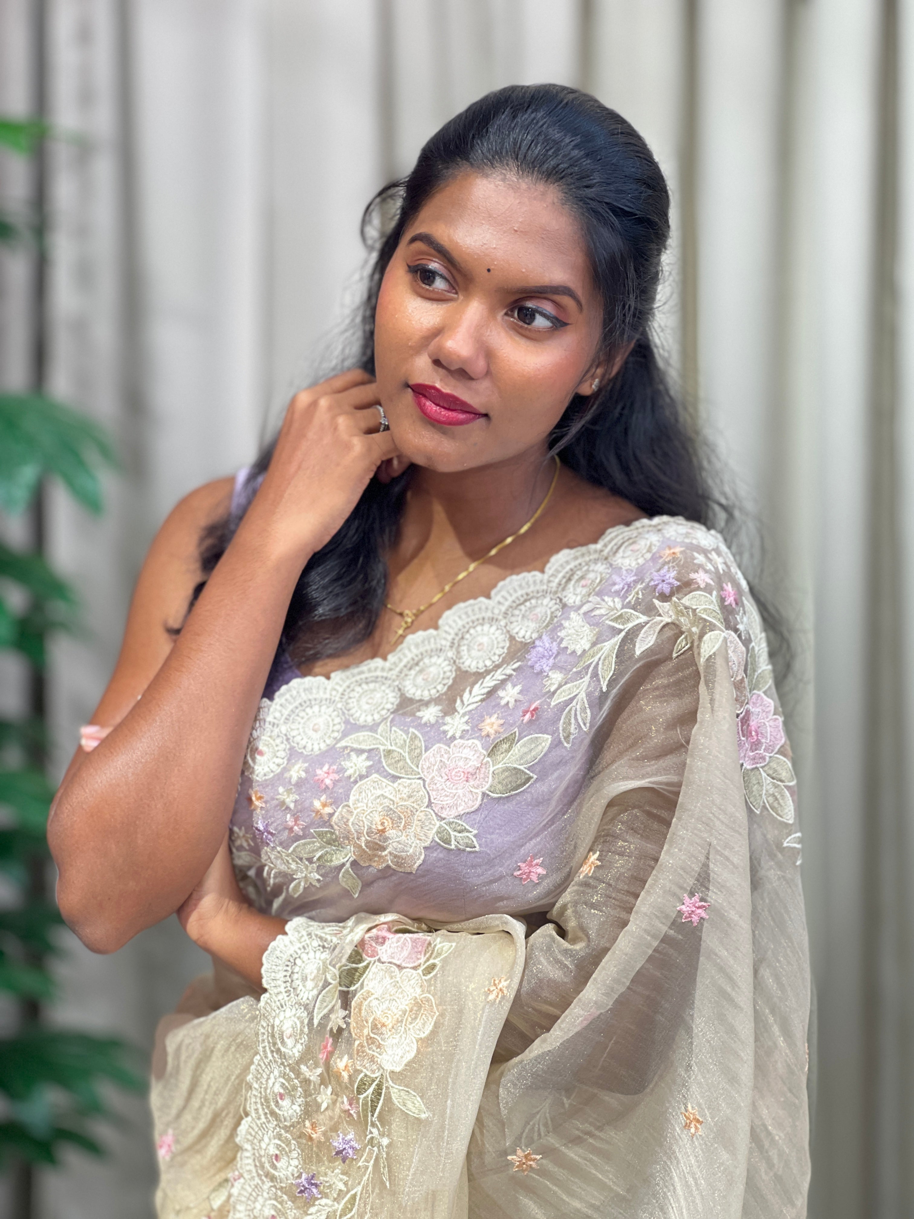 Floral Embroidery Detailed Crushed Shimmer Organza Saree | BLD2152