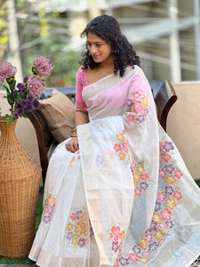 Hand Painted Silk Linen Finish Saree | BLD369