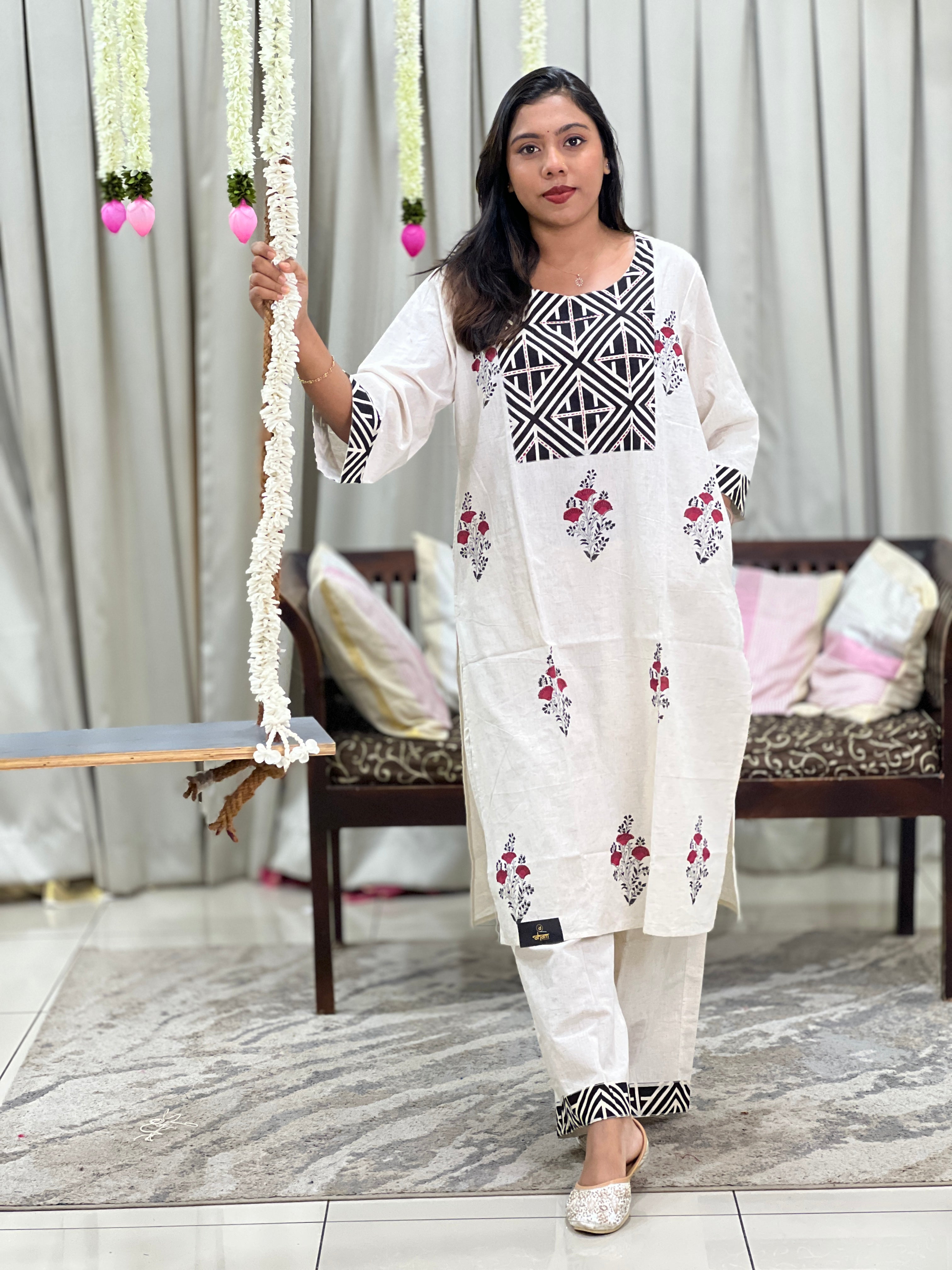 Geometric Kantha Sequins Cotton Kurta Set |OMF157