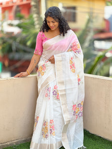 Hand Painted Silk Linen Finish Saree | BLD369