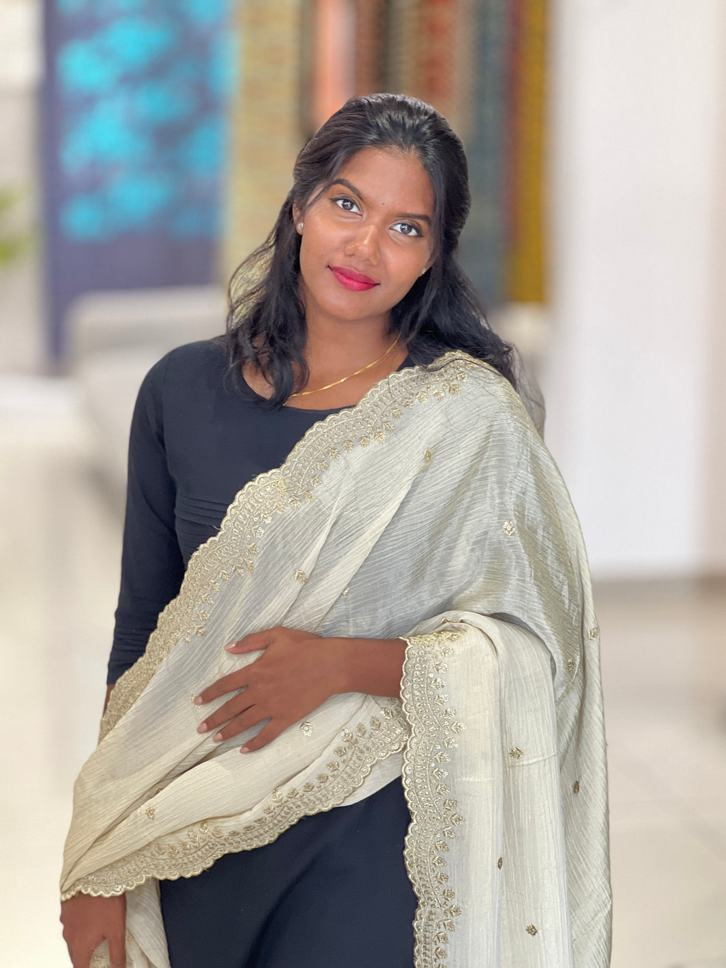 Machine Embroidery Detailed Crushed Tissue Dupatta | SNT106
