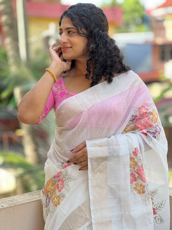 Hand Painted Silk Linen Finish Saree | BLD369