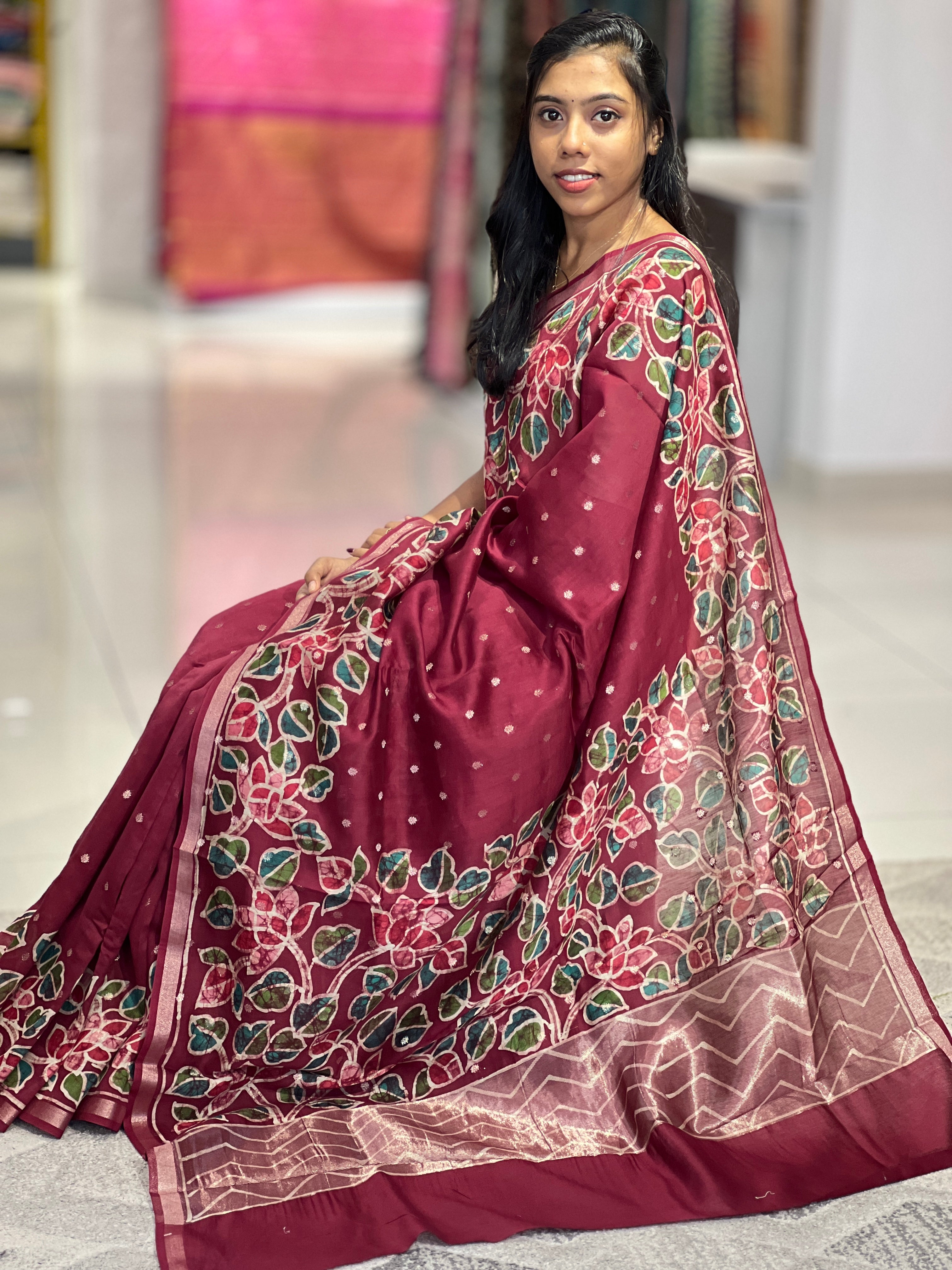 Batik Floral Printed Chanderi Silk Saree | RGD646