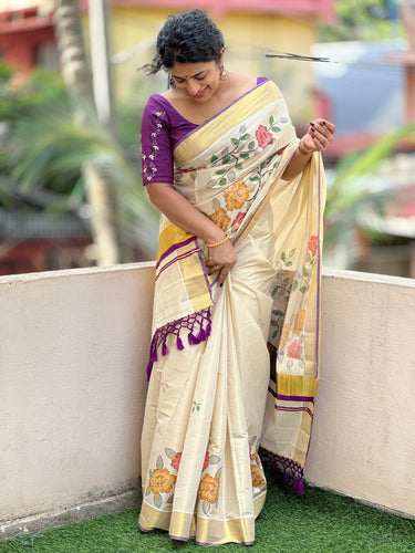 Hand Painted Tissue Kerala Saree | BLD365