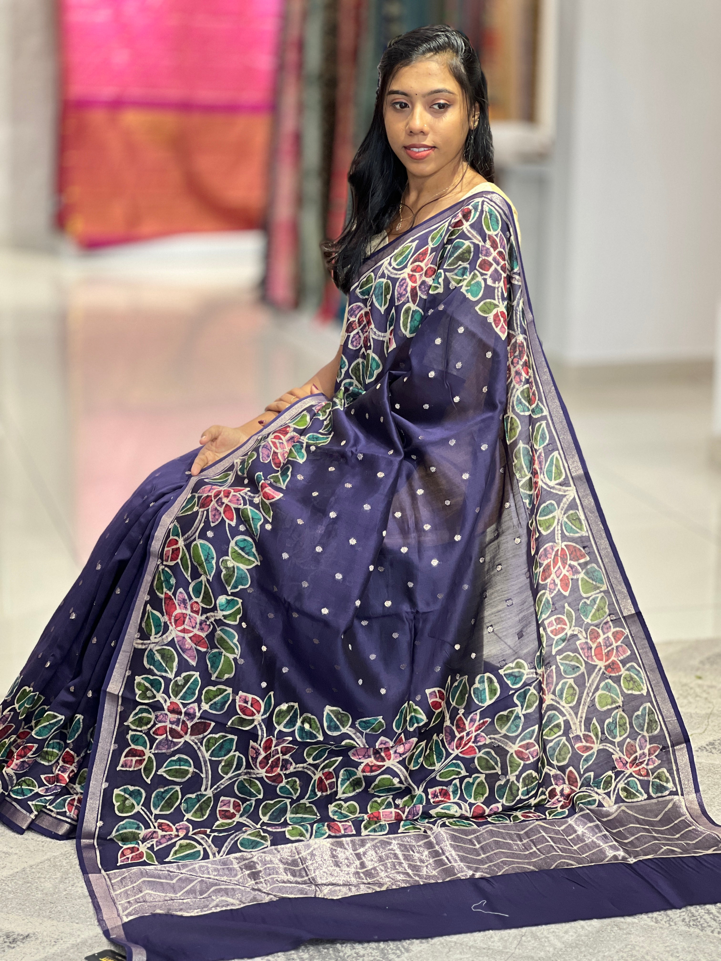 Batik Floral Printed Chanderi Silk Saree | RGD641