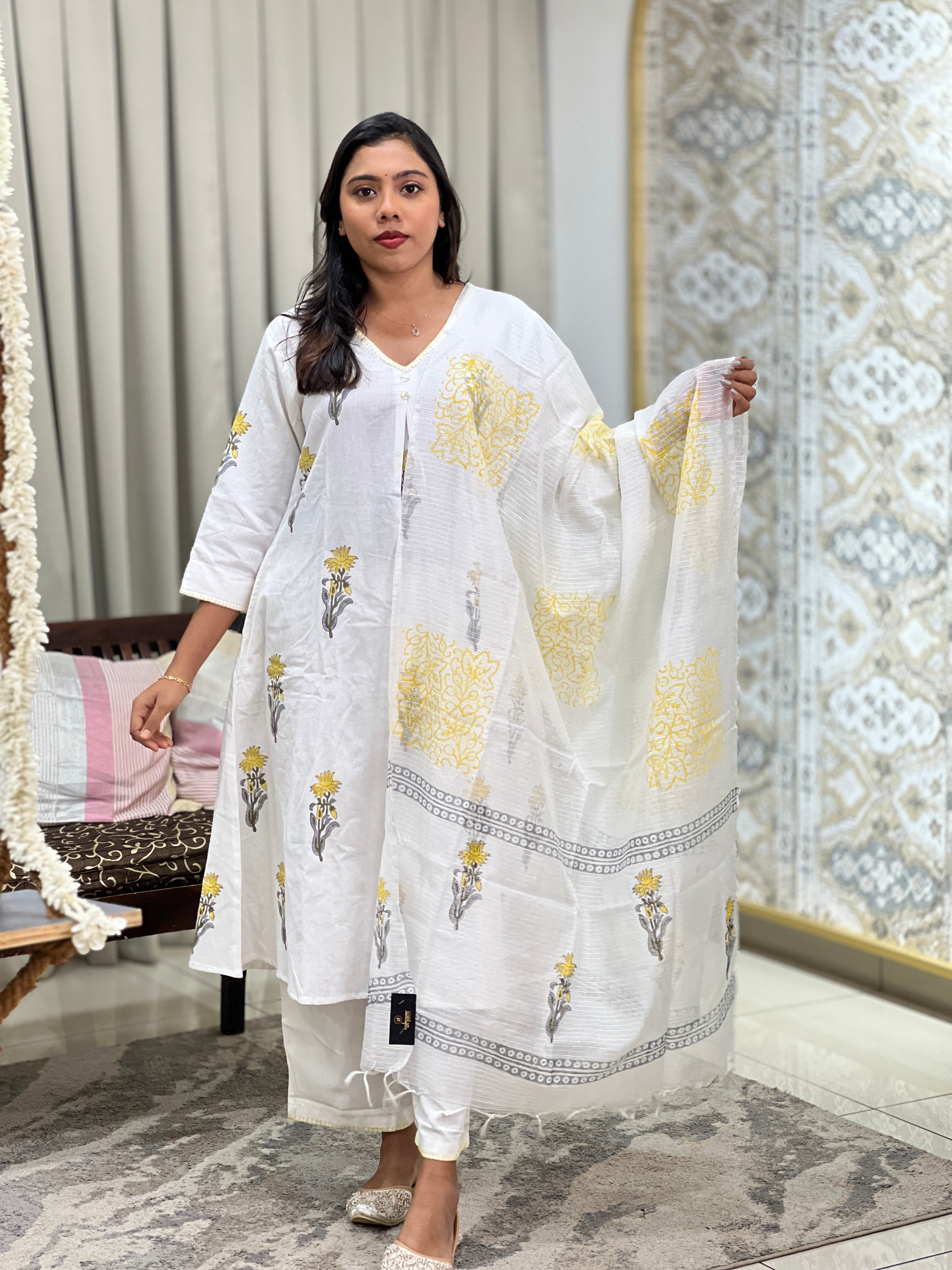 Block Printed Linen Cotton Kurta Set | OMF128