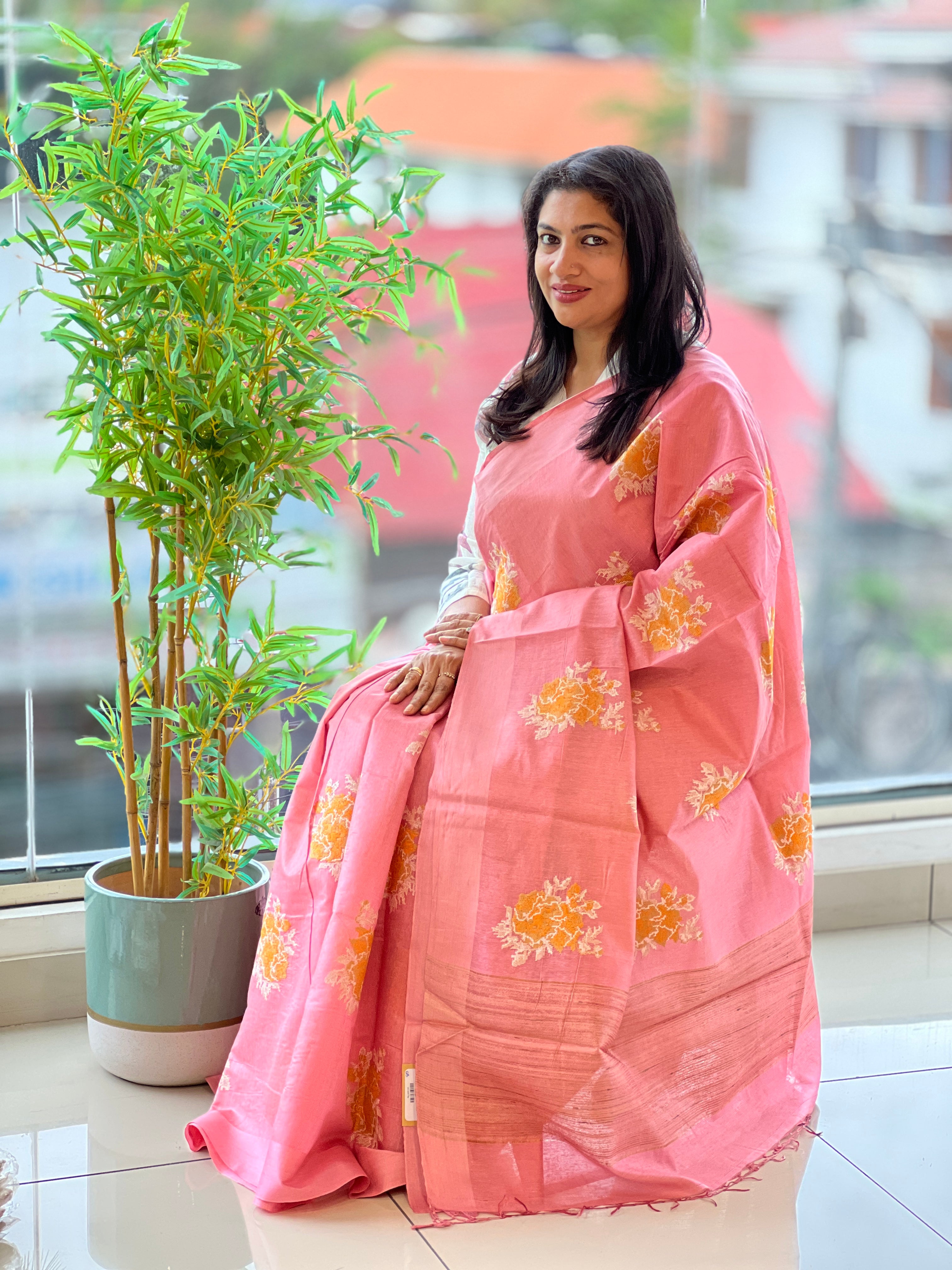 Cross Stitch Embroidery Noil Tussar Saree | HS1411