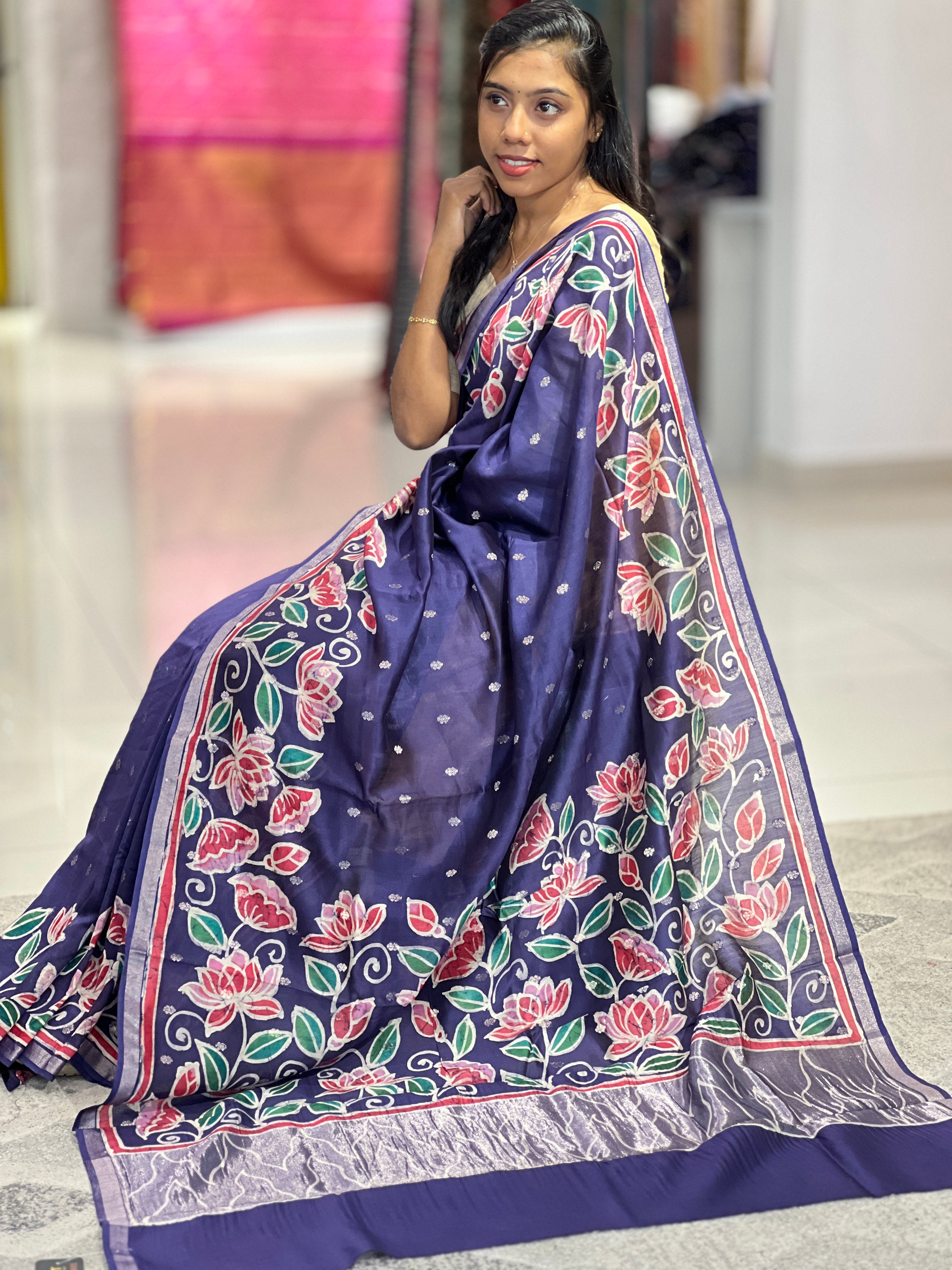 Batik Floral Printed Chanderi Silk Saree | RGD645