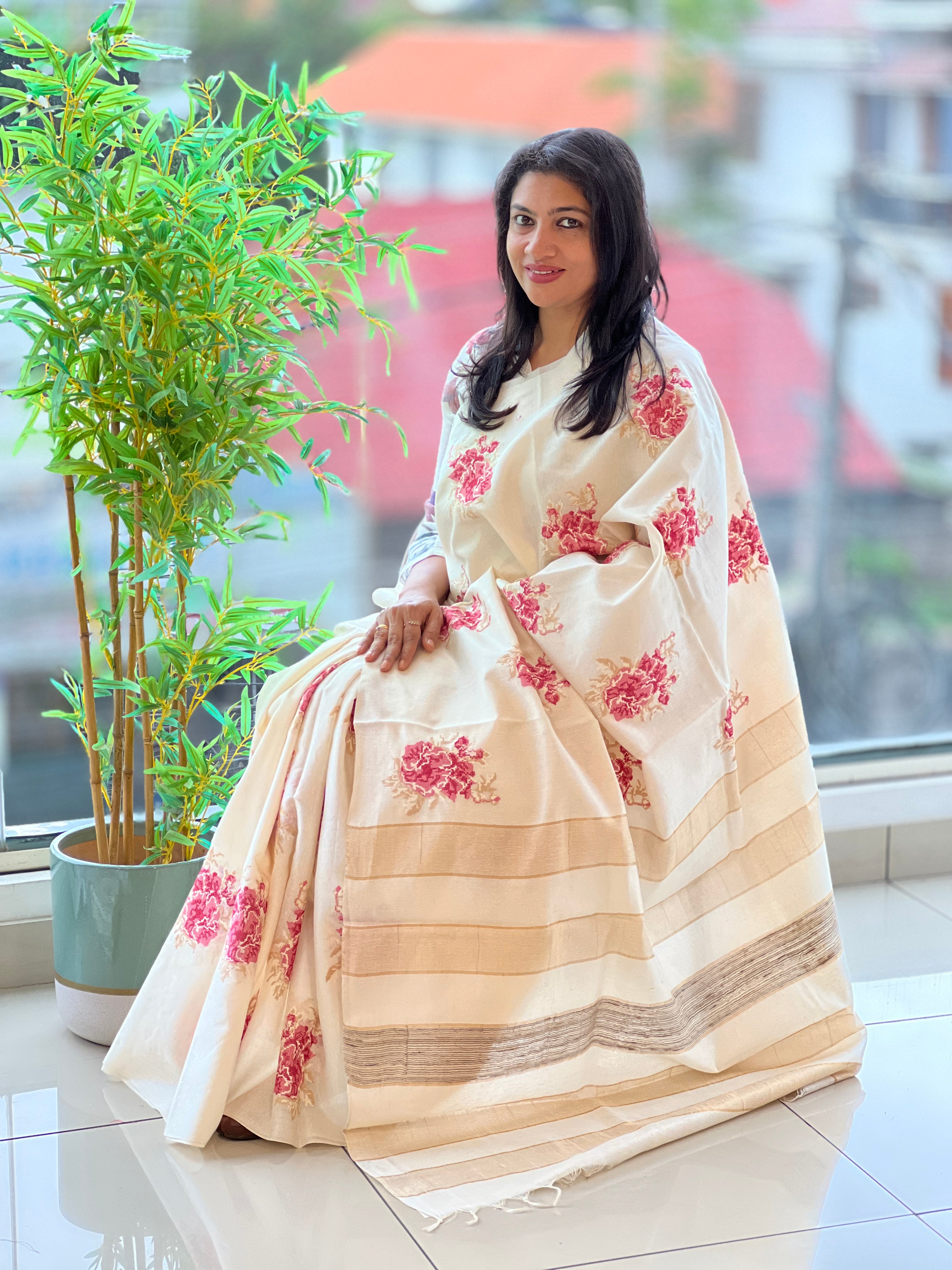 Cross Stitch Embroidery Noil Tussar Saree | HS1413