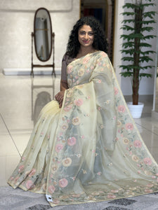 Floral Embroidered Tussar Organza Saree | RGD594