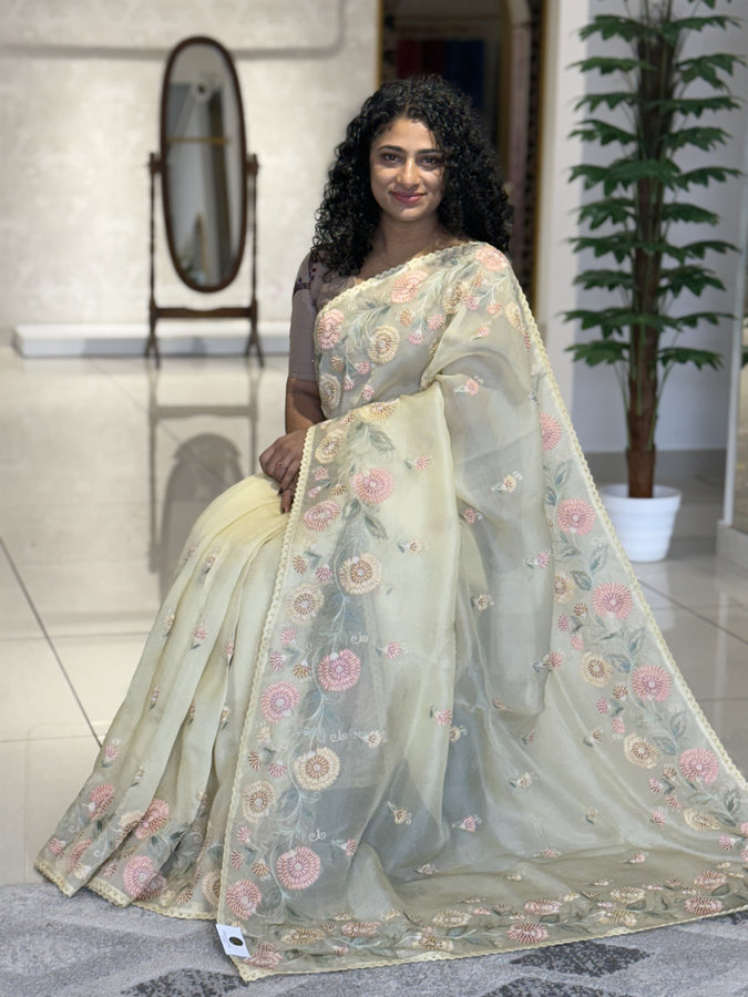 Floral Embroidered Tussar Organza Saree | RGD594