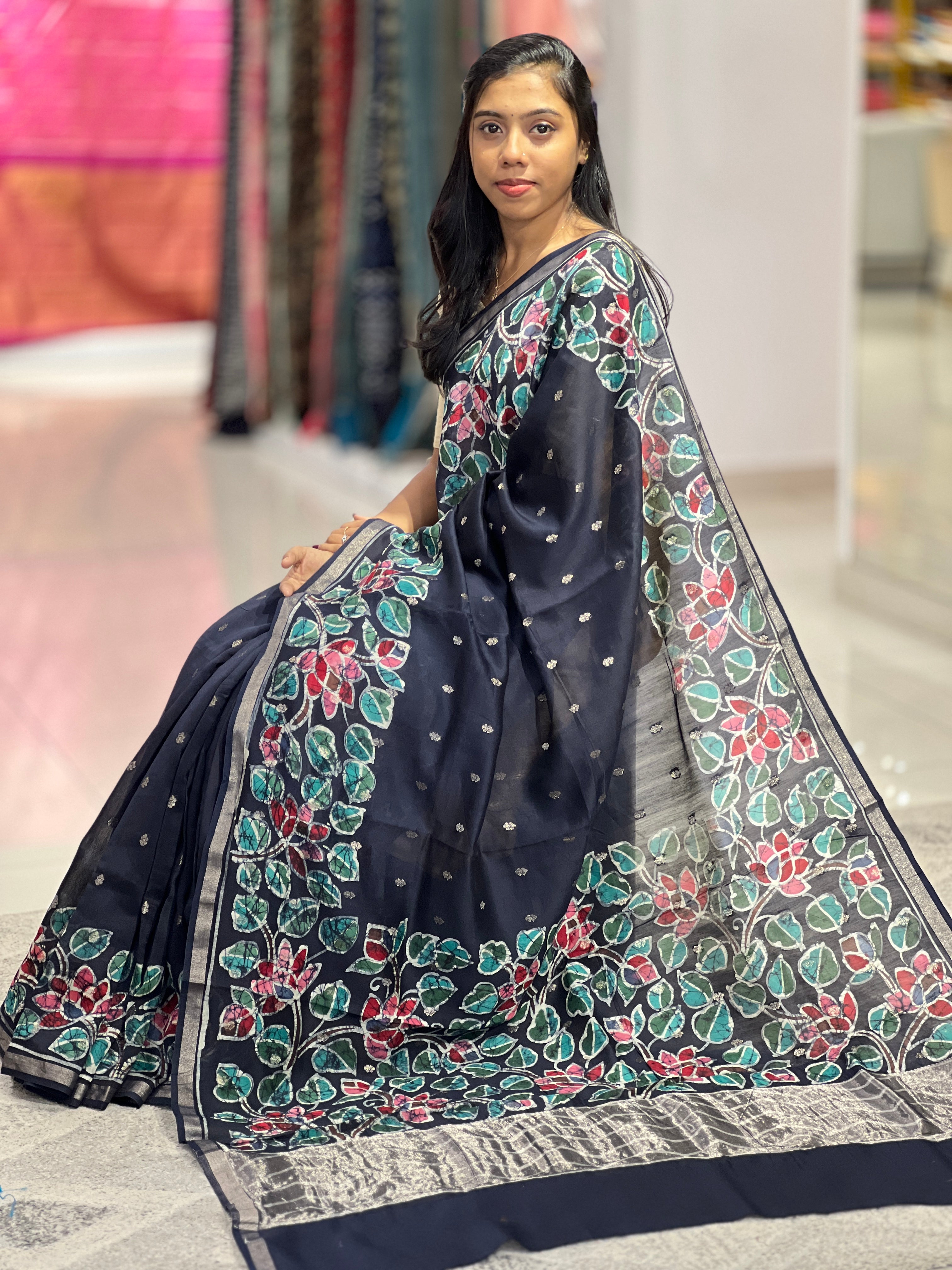 Batik Floral Printed Chanderi Silk Saree | RGD643