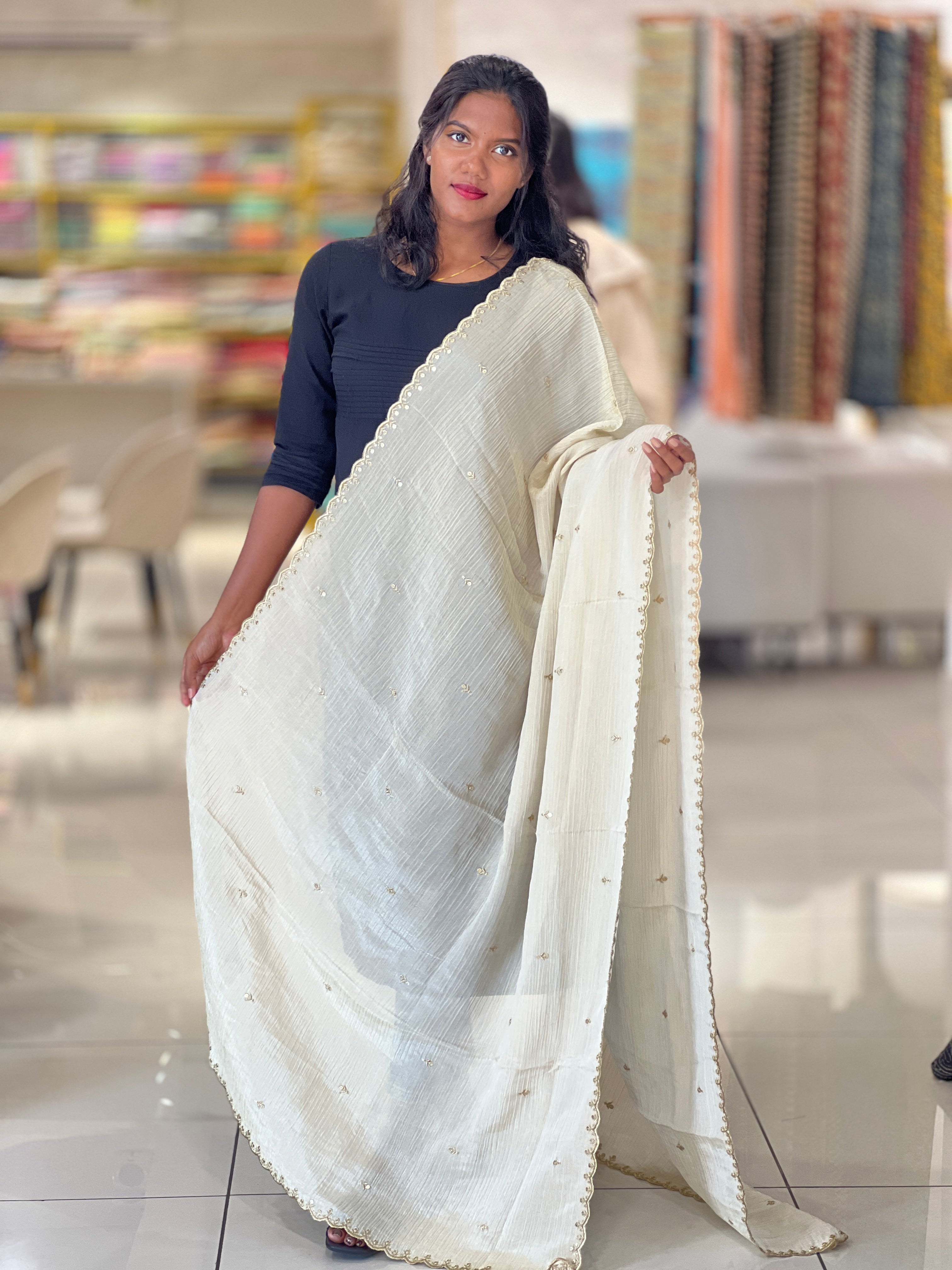 Machine Embroidery Detailed Crushed Tissue Dupatta | SNT107