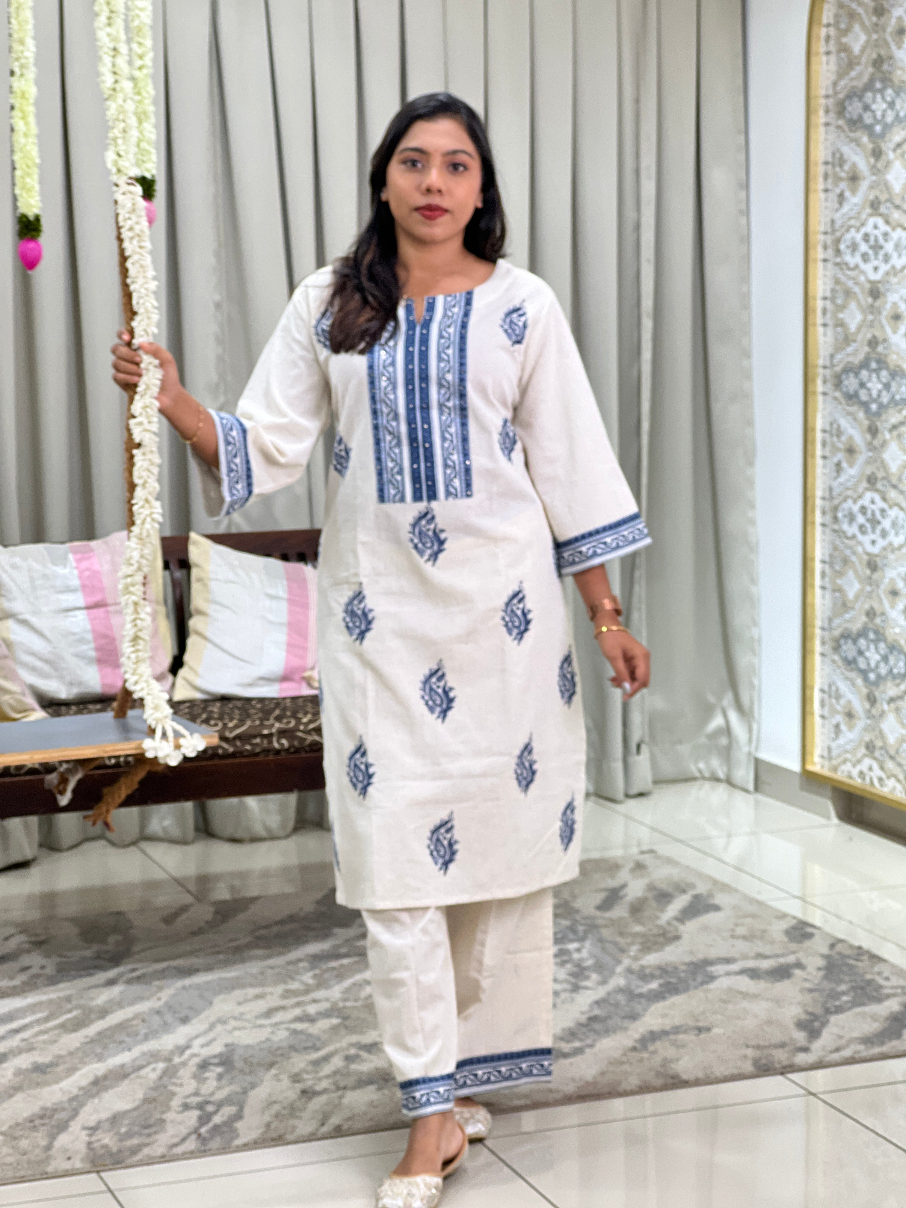 Block Printed Patch Detailed Cotton Kurta Set | OMF118