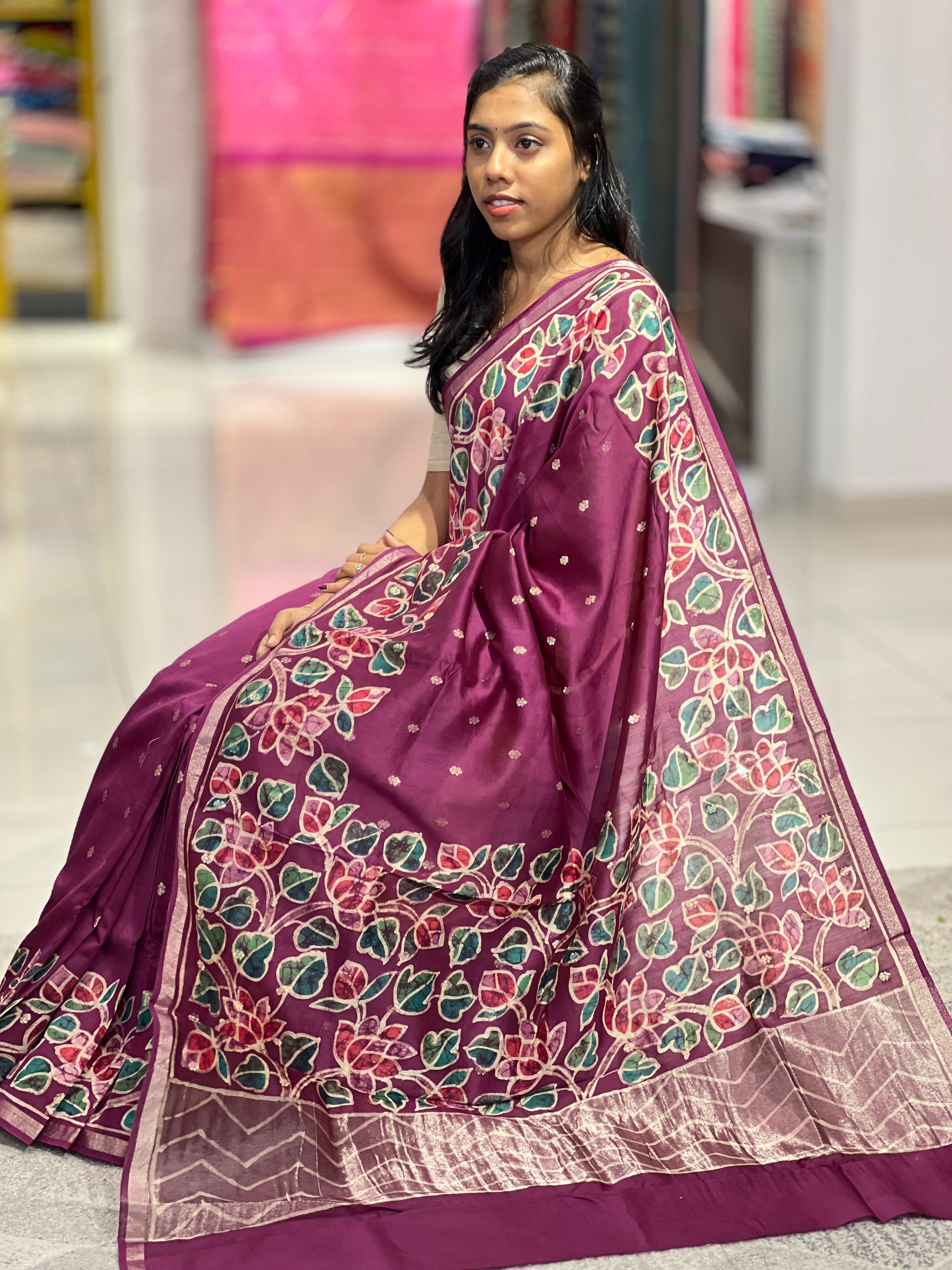 Batik Floral Printed Chanderi Silk Saree | RGD647