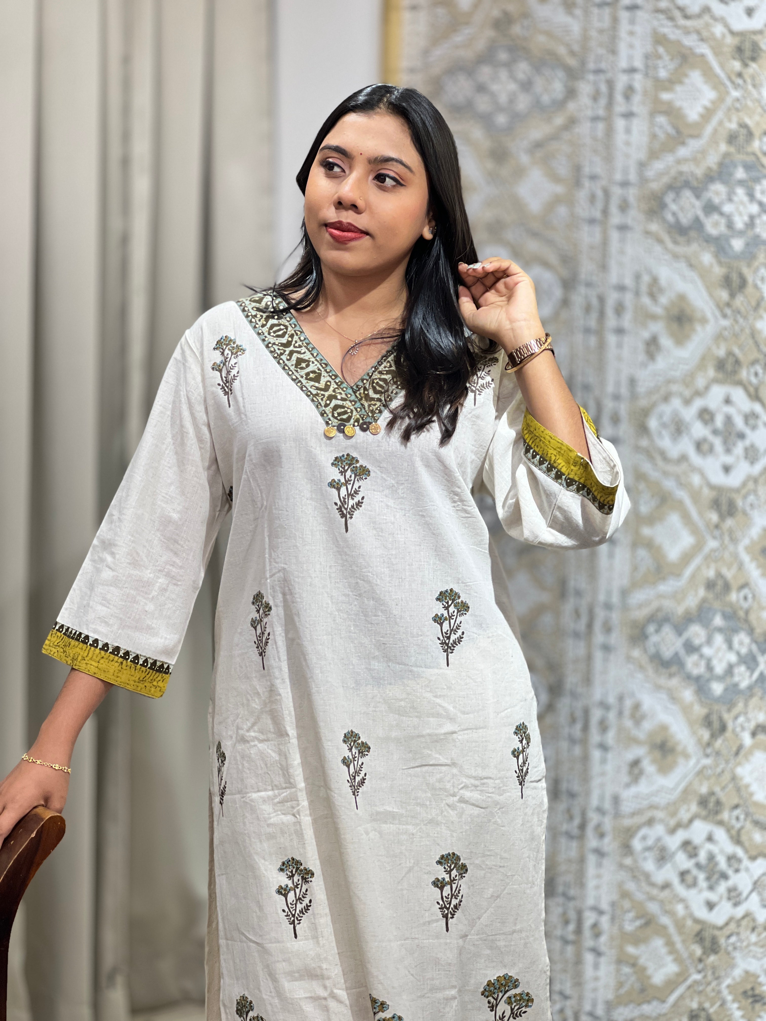 Block Print Detailed Cotton Kurta Set | OMF119