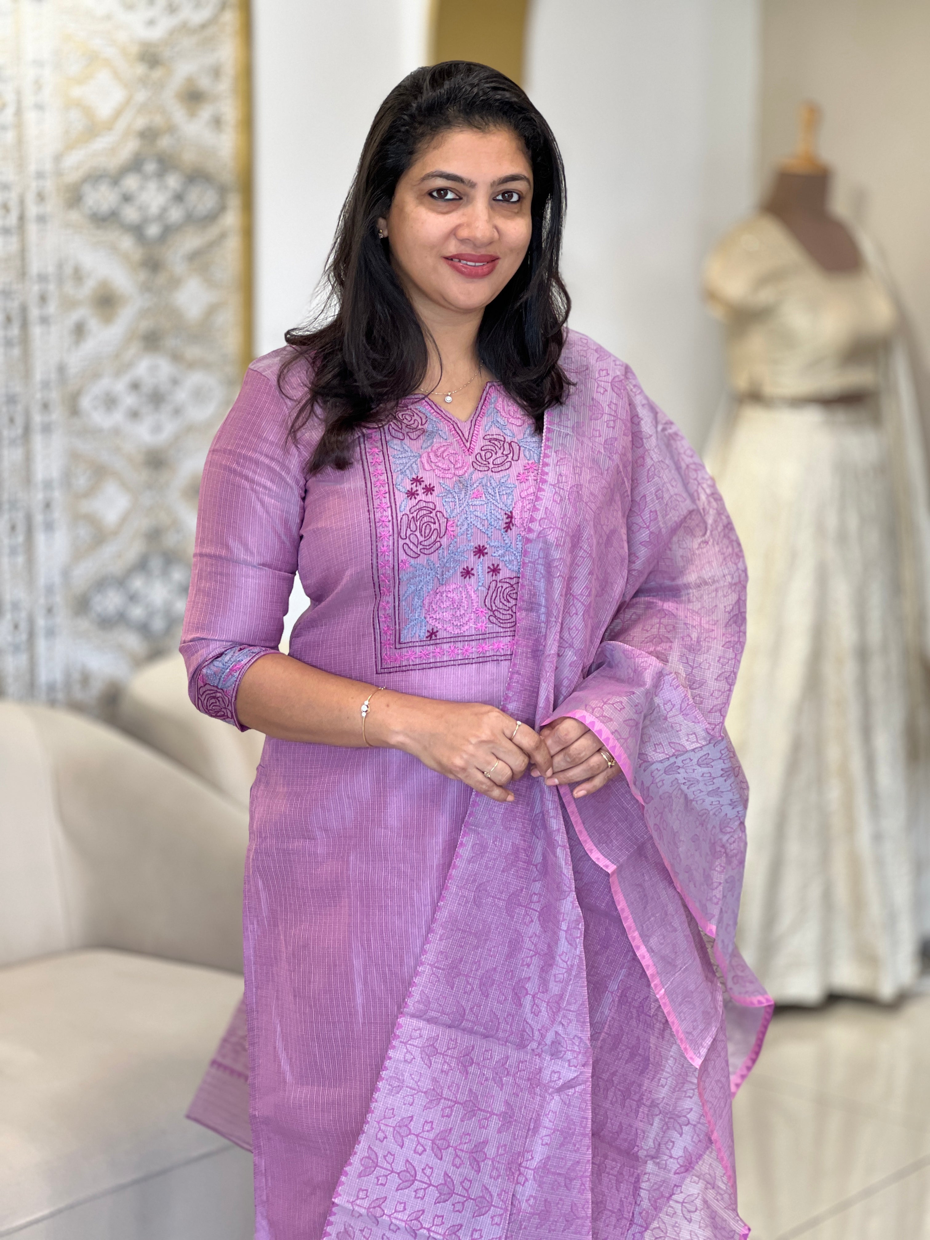 Chikankari Embroidered Muga Check Organza Unstitched Salwar Set | JSC421