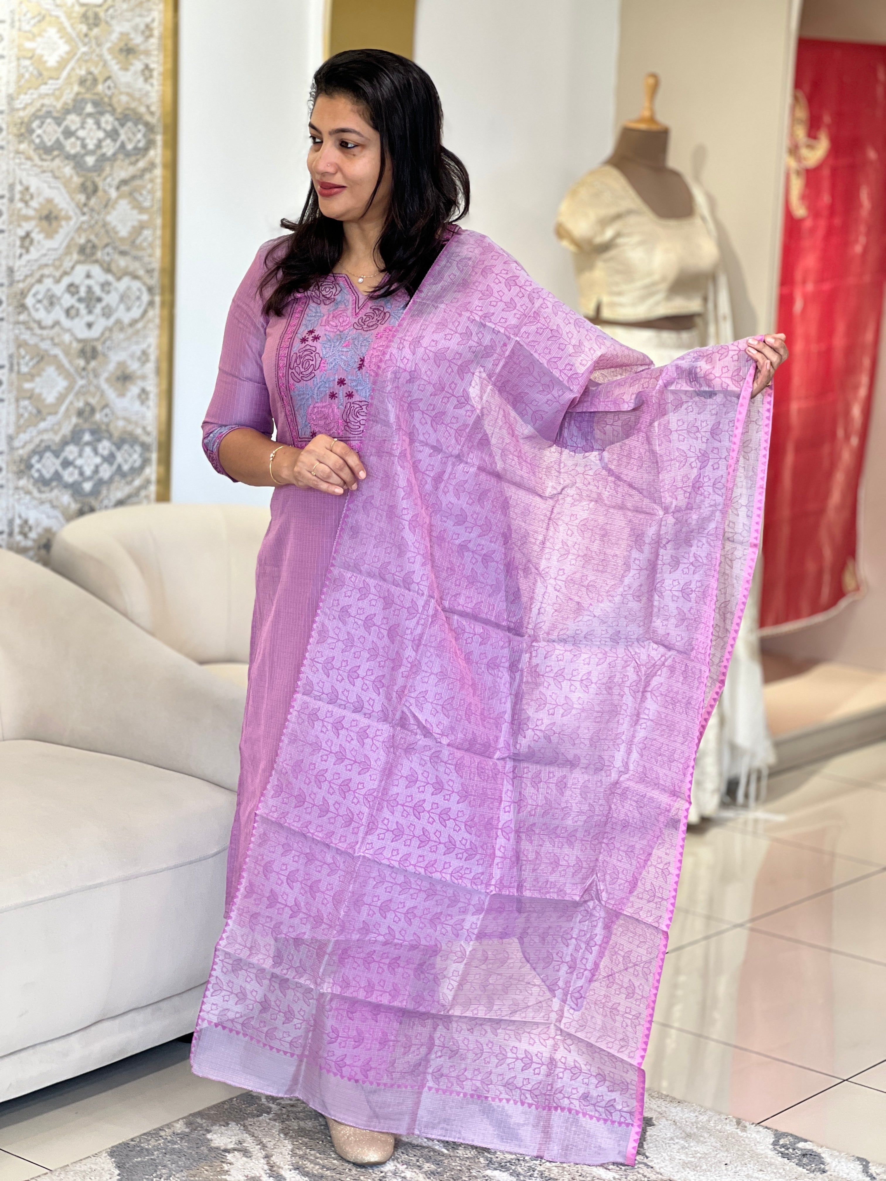 Chikankari Embroidered Muga Check Organza Unstitched Salwar Set | JSC421