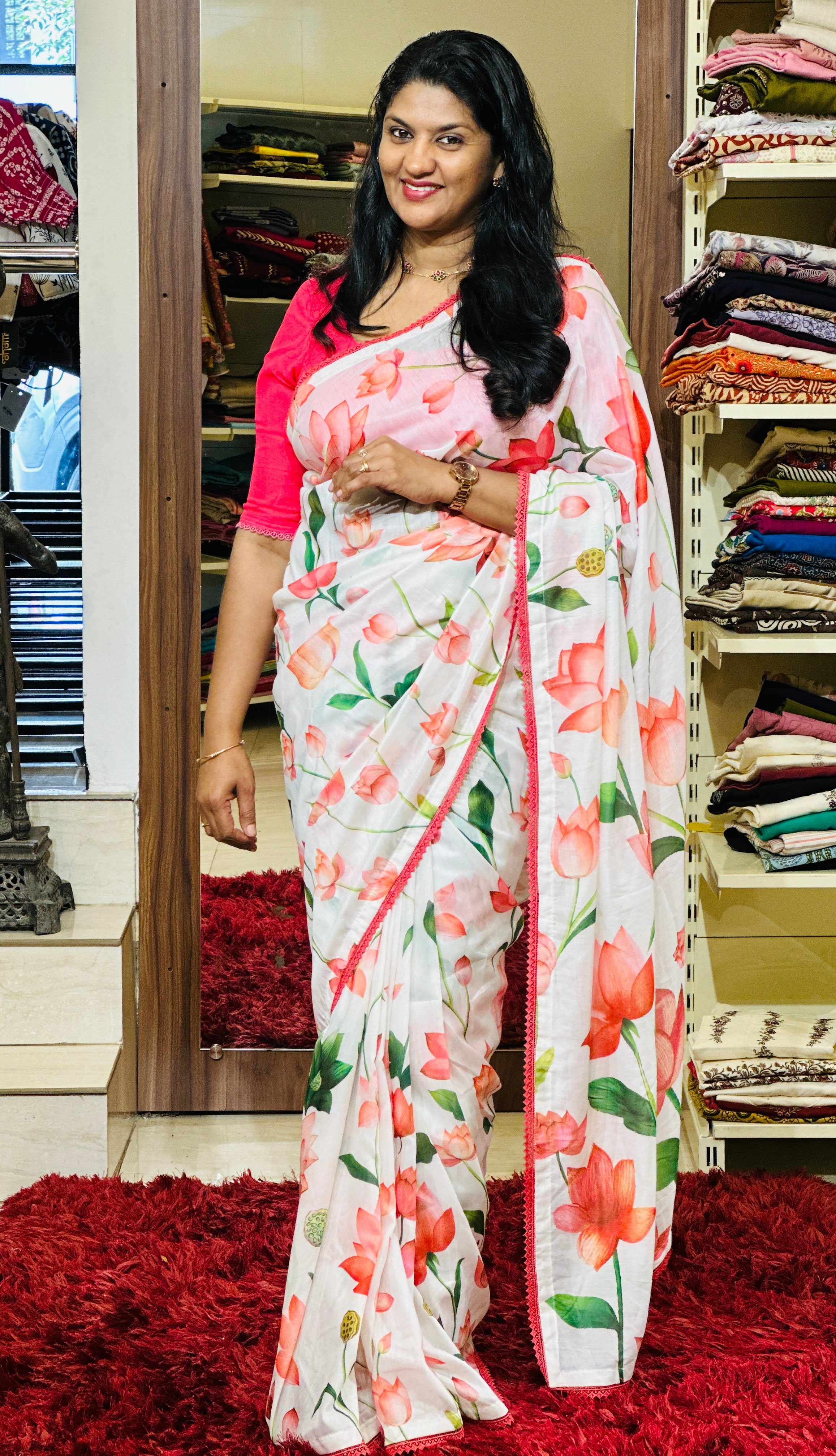 Floral Digital Printed Chanderi Finish Saree | HT218