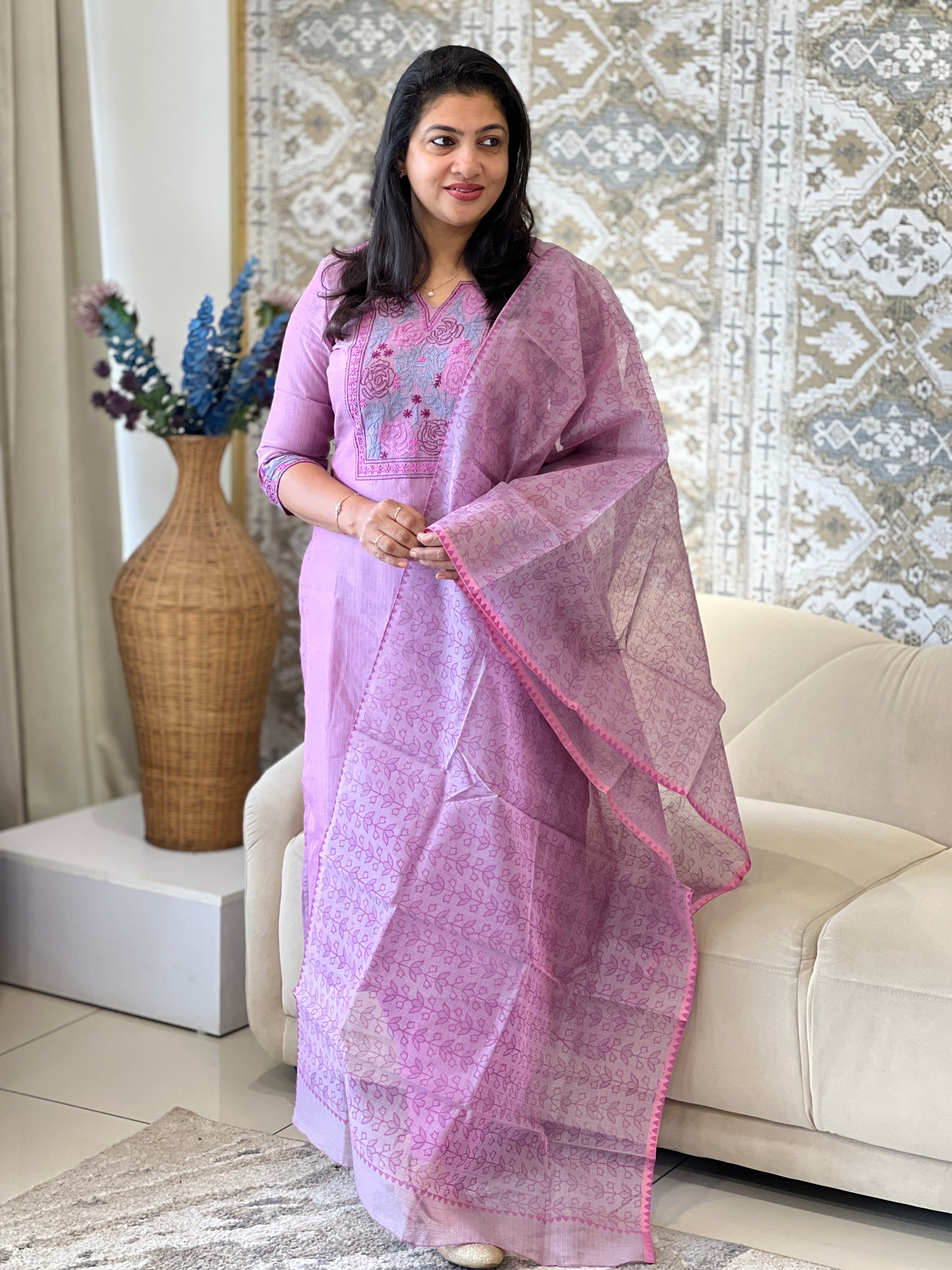 Chikankari Embroidered Muga Check Organza Unstitched Salwar Set | JSC421