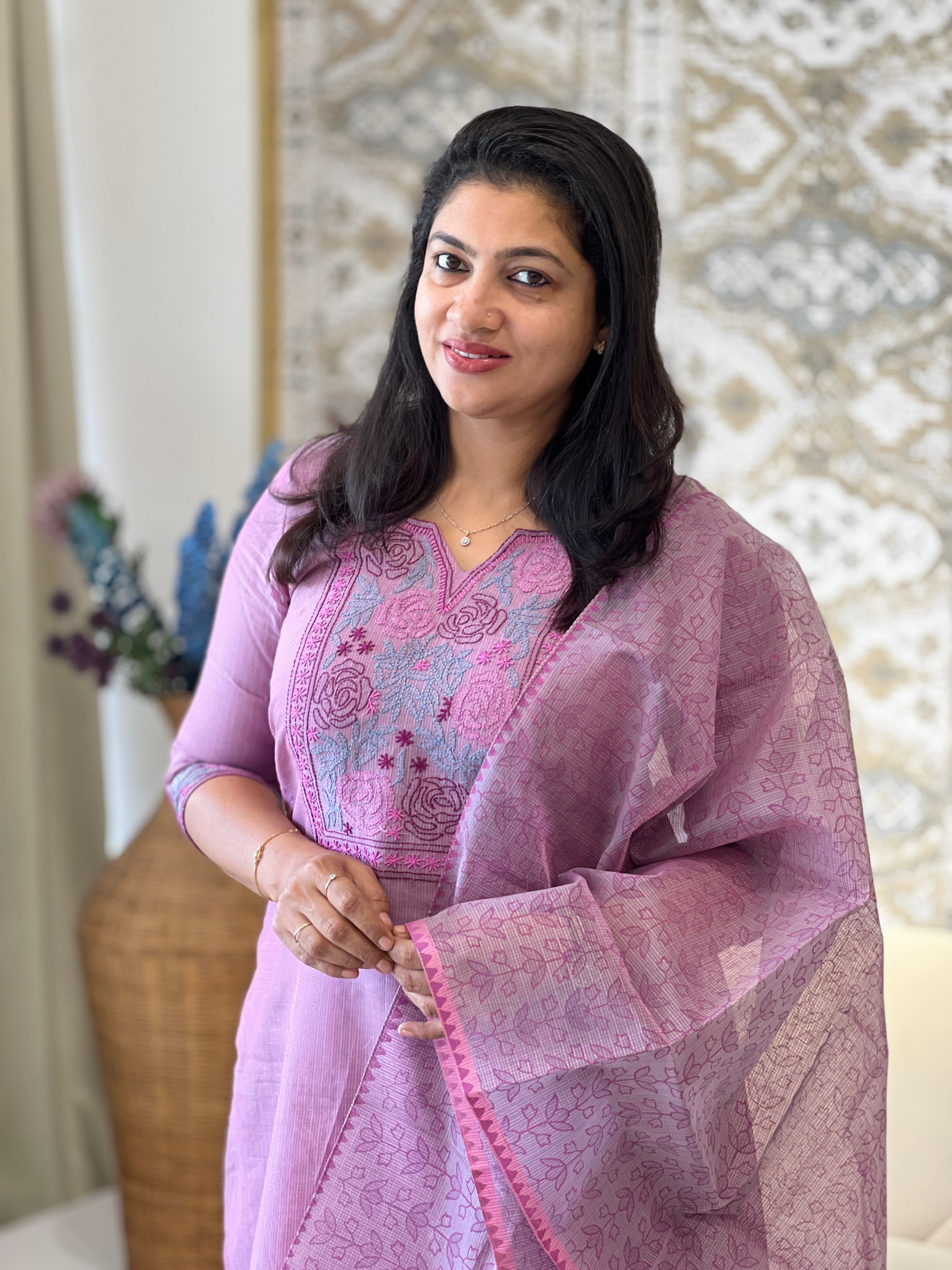 Chikankari Embroidered Muga Check Organza Unstitched Salwar Set | JSC421