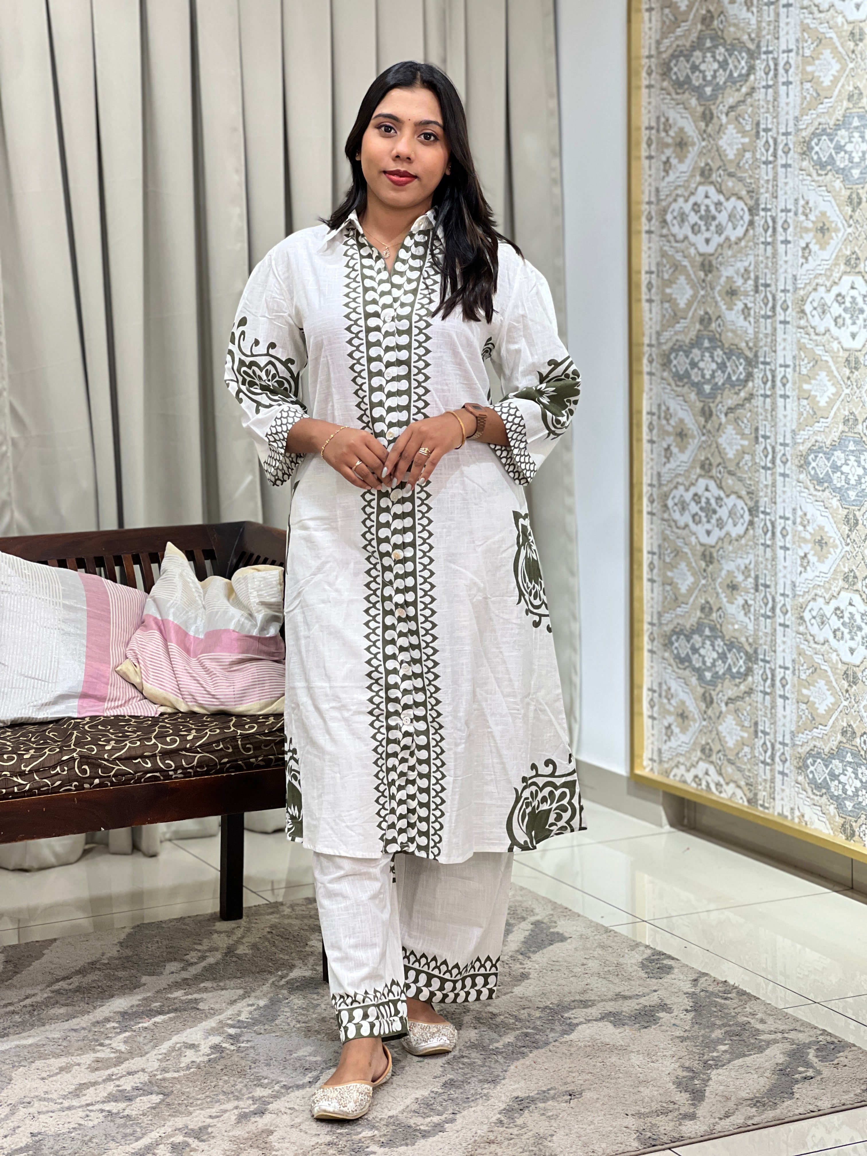 Screen Printed Pattern Slub Linen Cord Set | OMF183