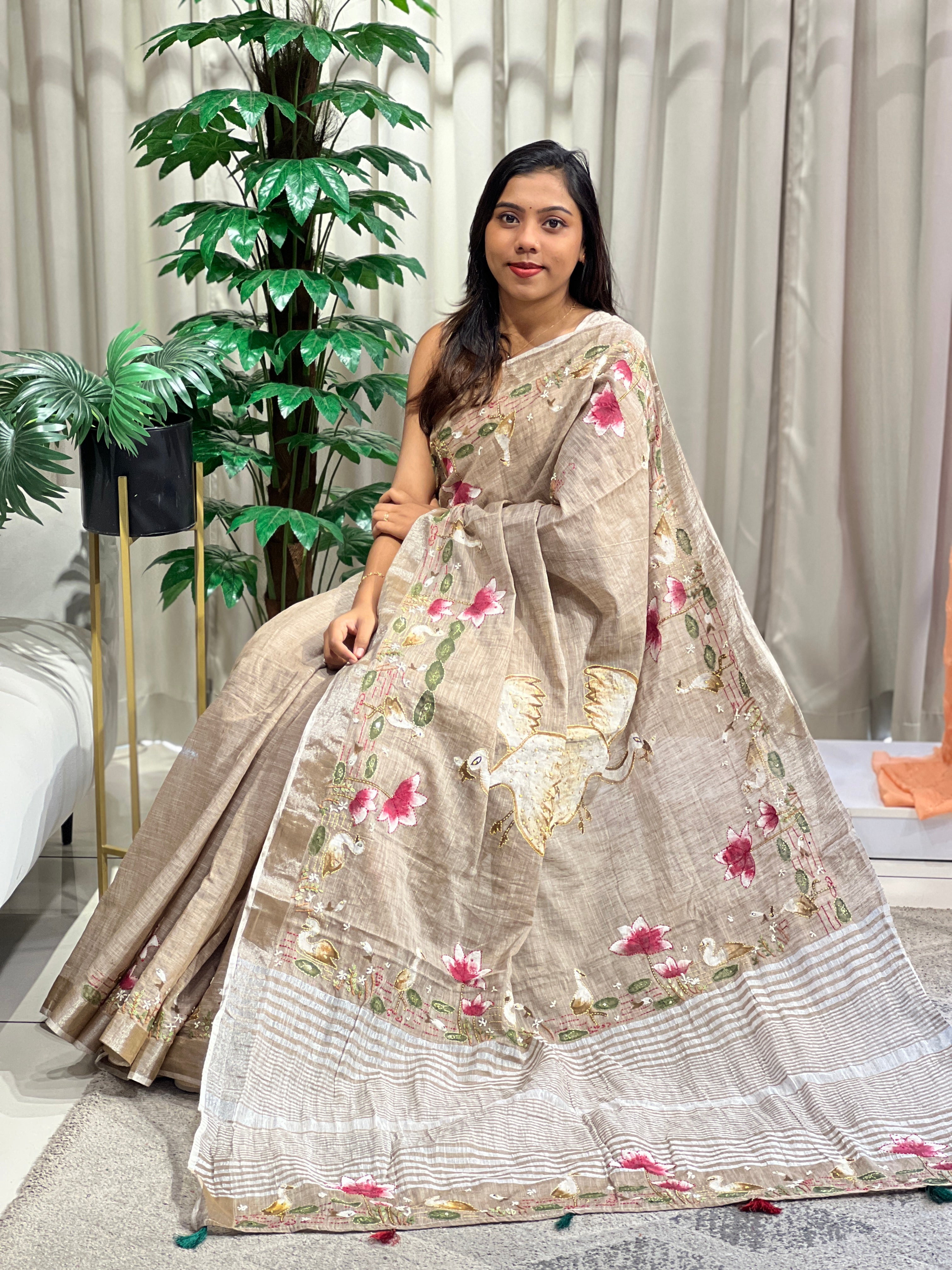 Hand Embroidered Painted Semi Linen Saree | RP820