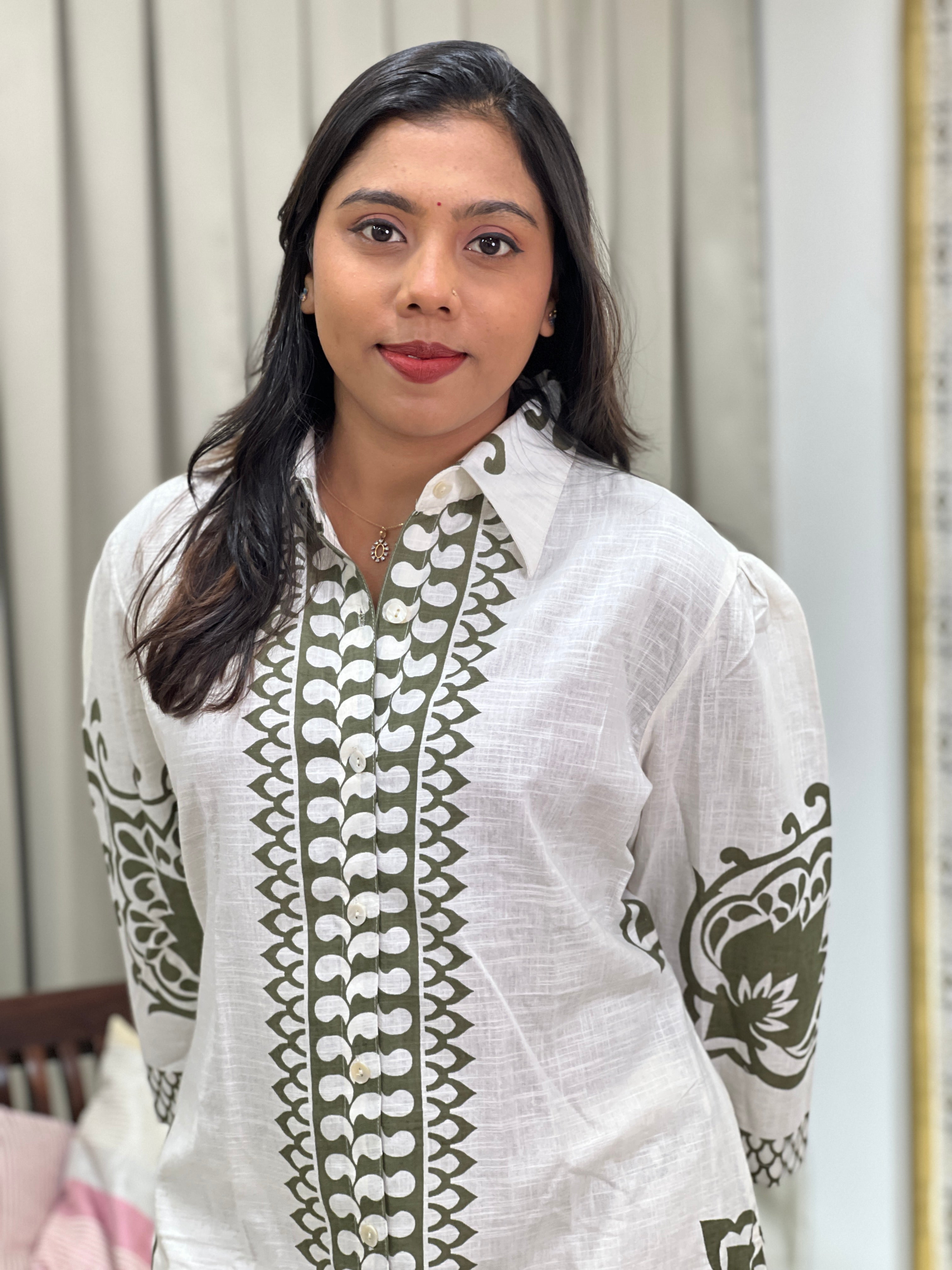 Screen Printed Pattern Slub Linen Cord Set | OMF183
