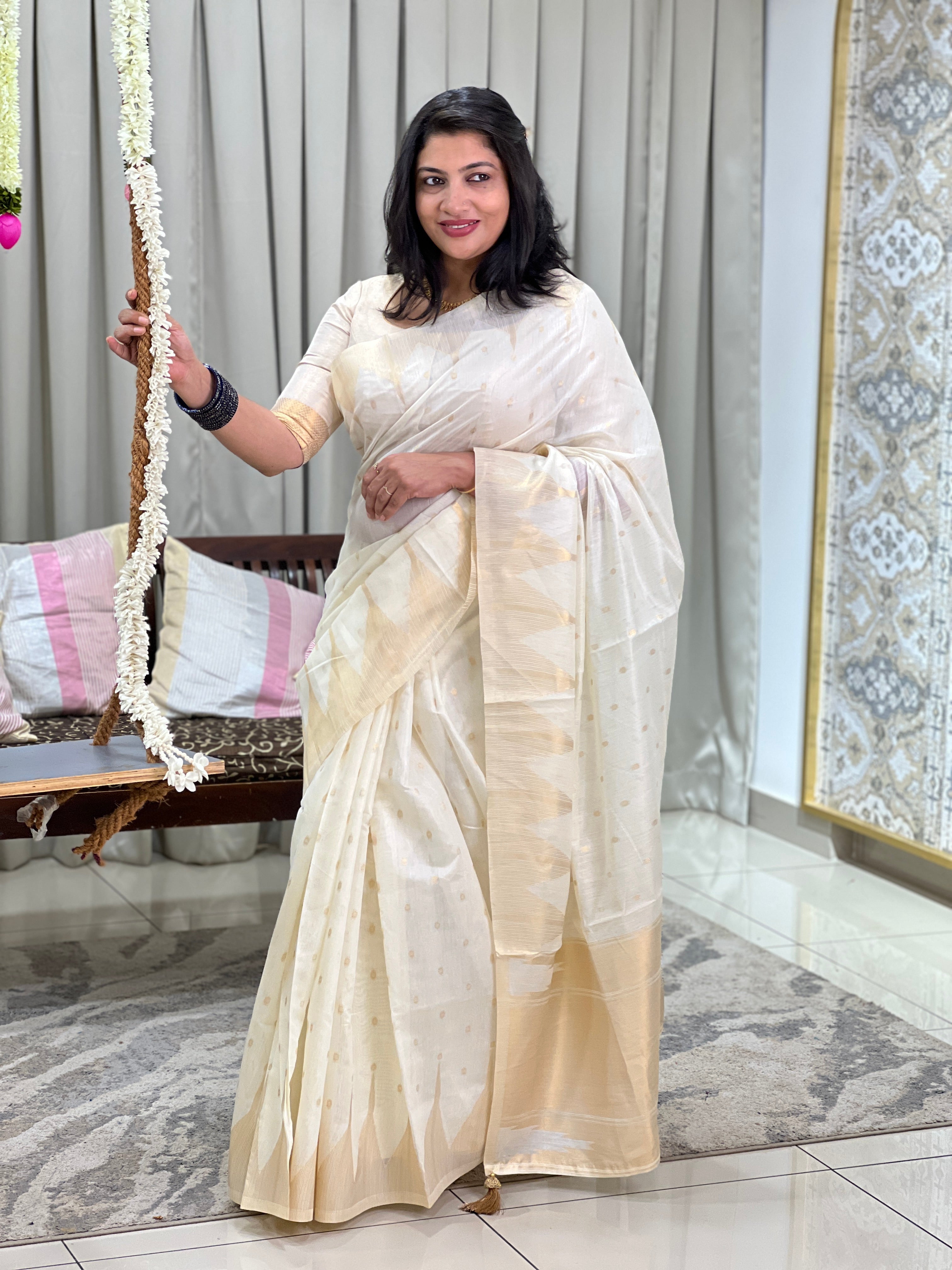 Light Golden Zari Buta Woven Chanderi Finish Saree | HT502