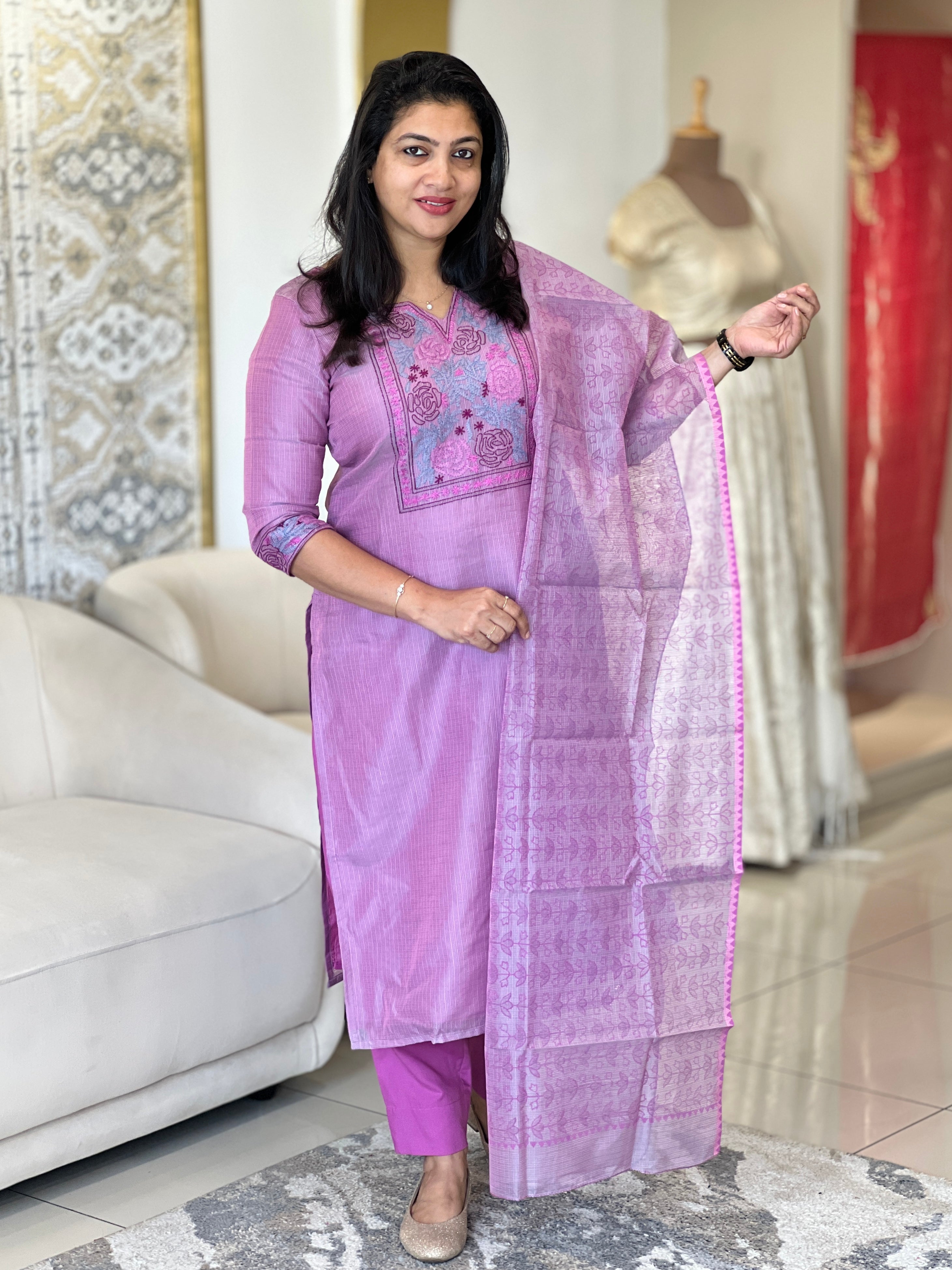 Chikankari Embroidered Muga Check Organza Unstitched Salwar Set | JSC421