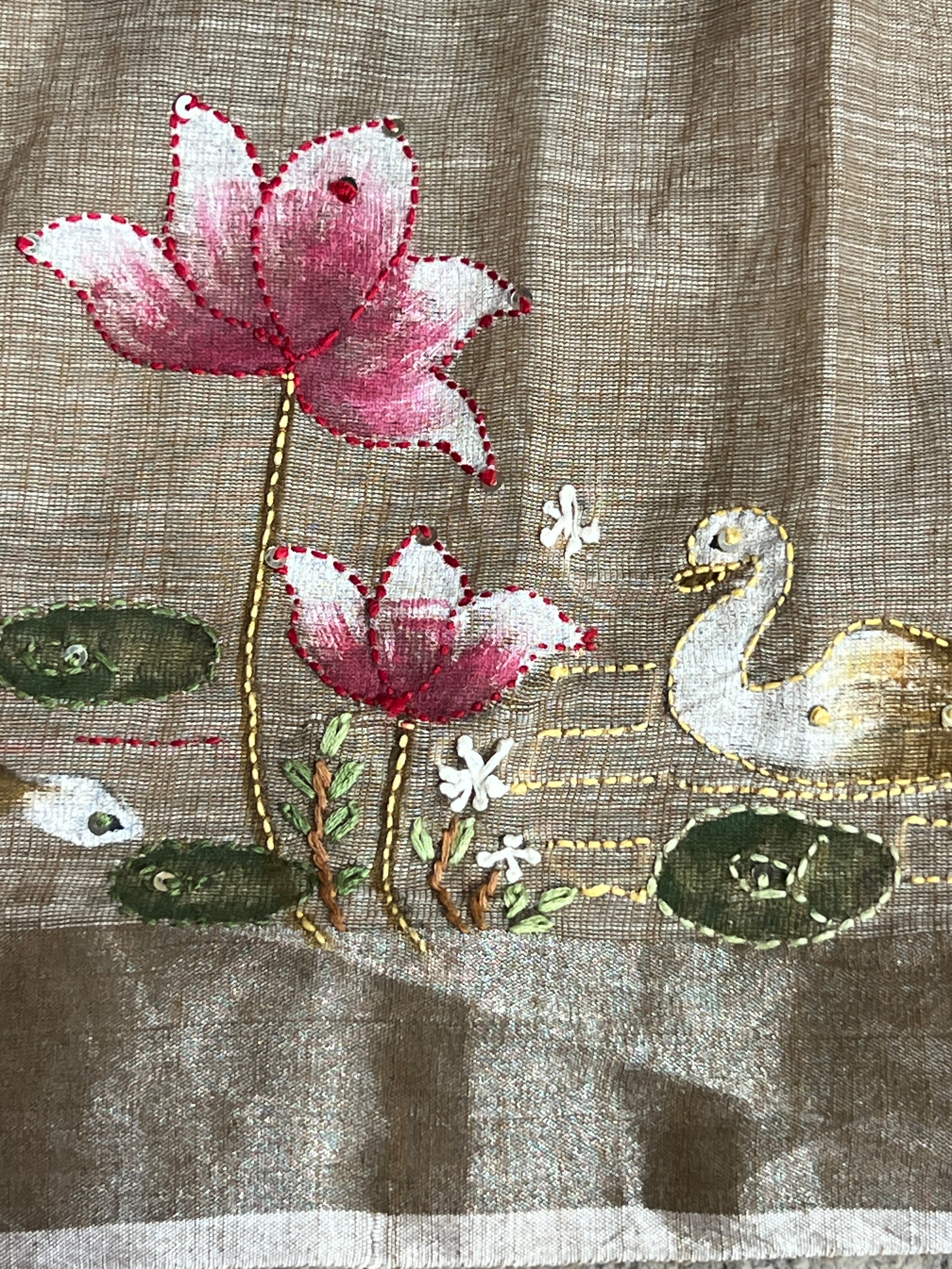 Hand Embroidered Painted Semi Linen Saree | RP820