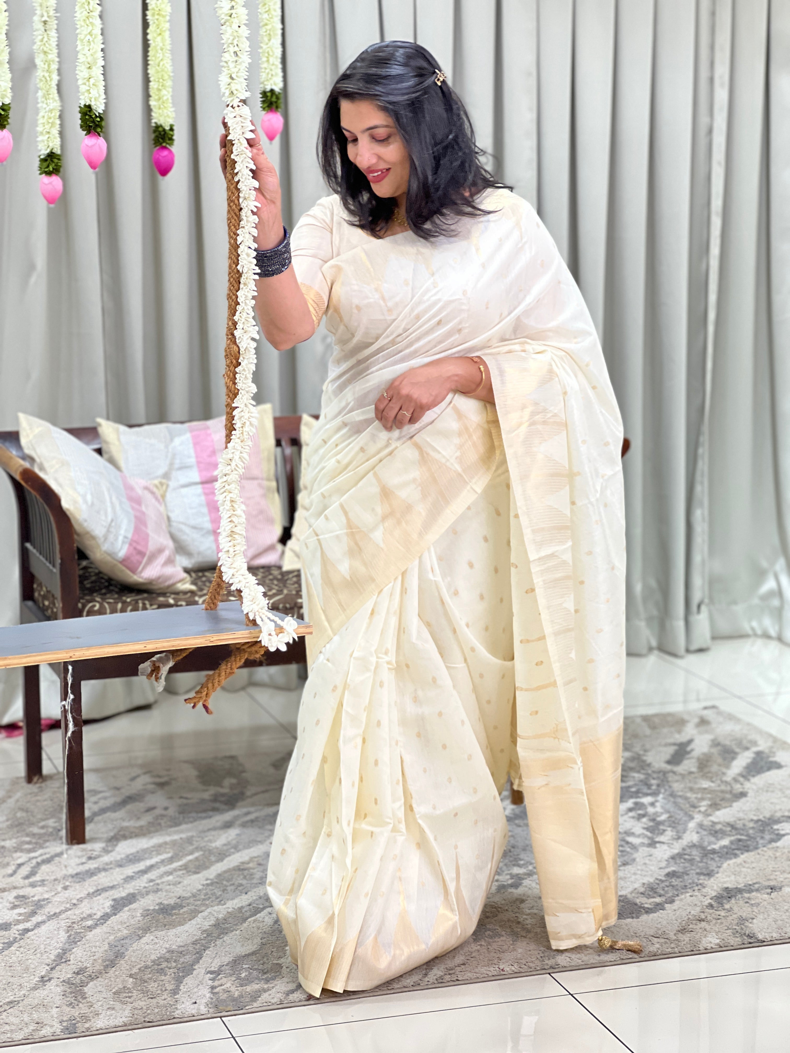 Light Golden Zari Buta Woven Chanderi Finish Saree | HT502