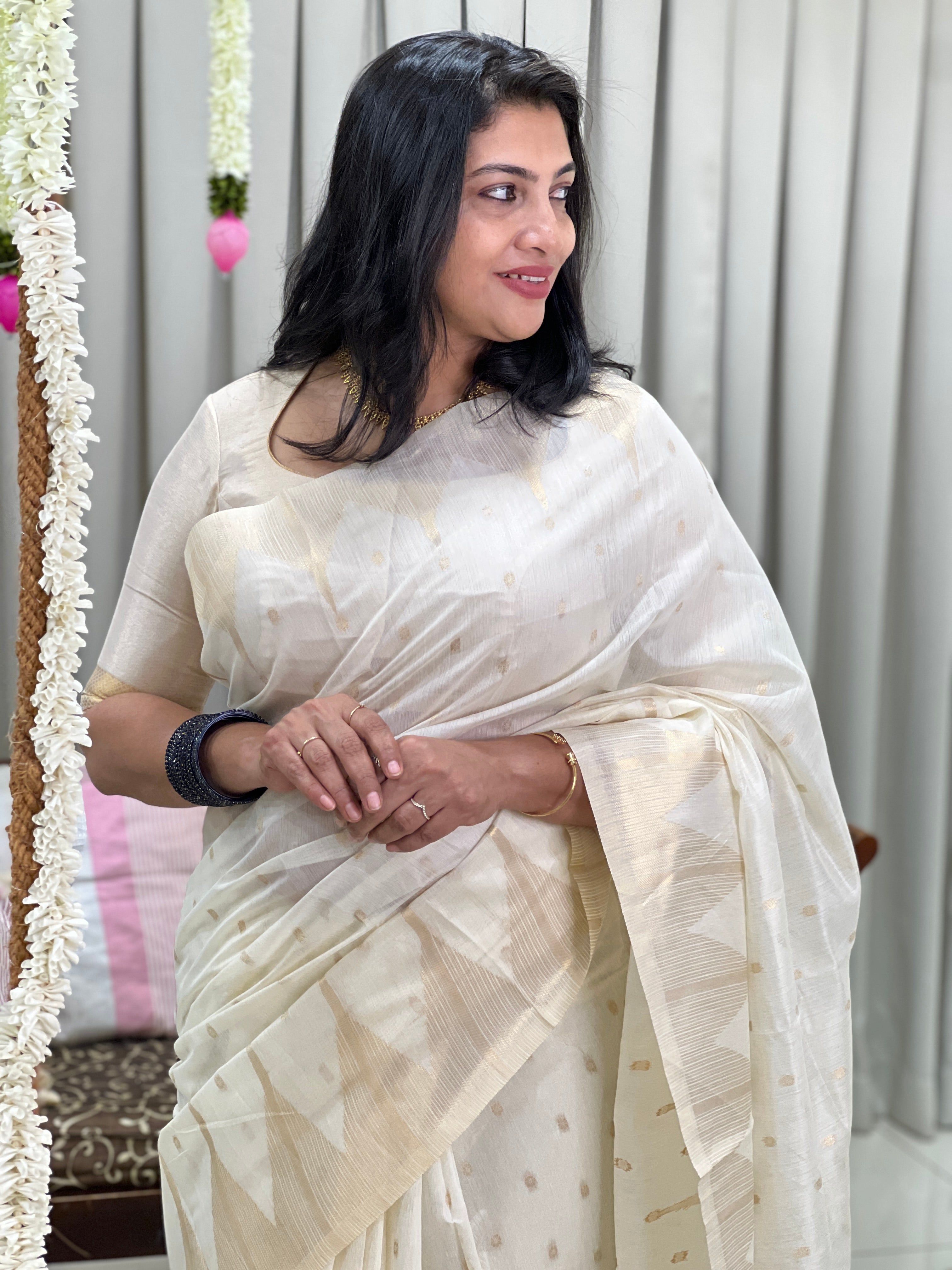 Light Golden Zari Buta Woven Chanderi Finish Saree | HT502