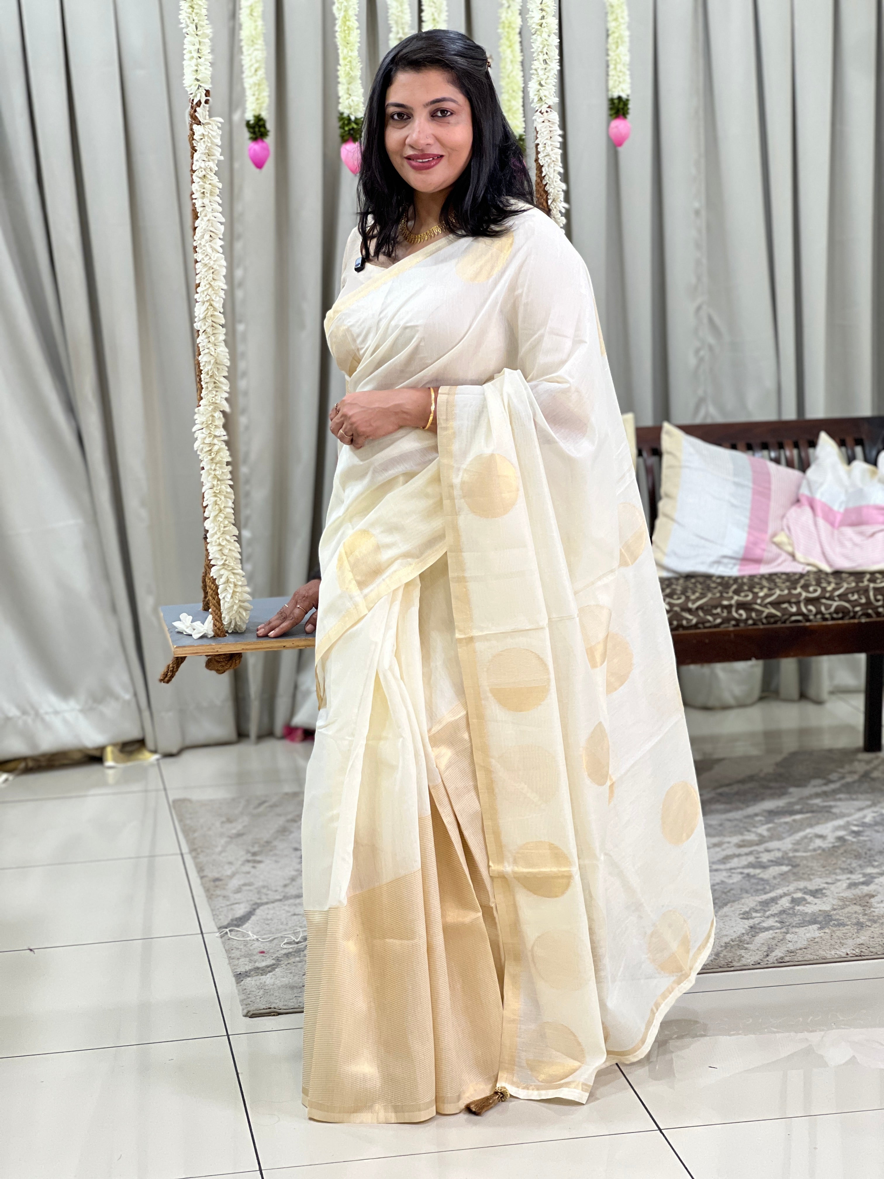 Polka Dots Pattern Chanderi Finish Saree | HT501