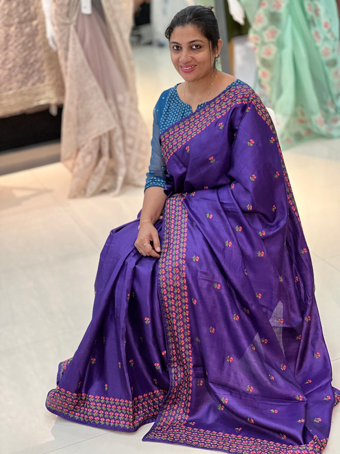Machine Embroidery Border Tussar Saree | SBS775