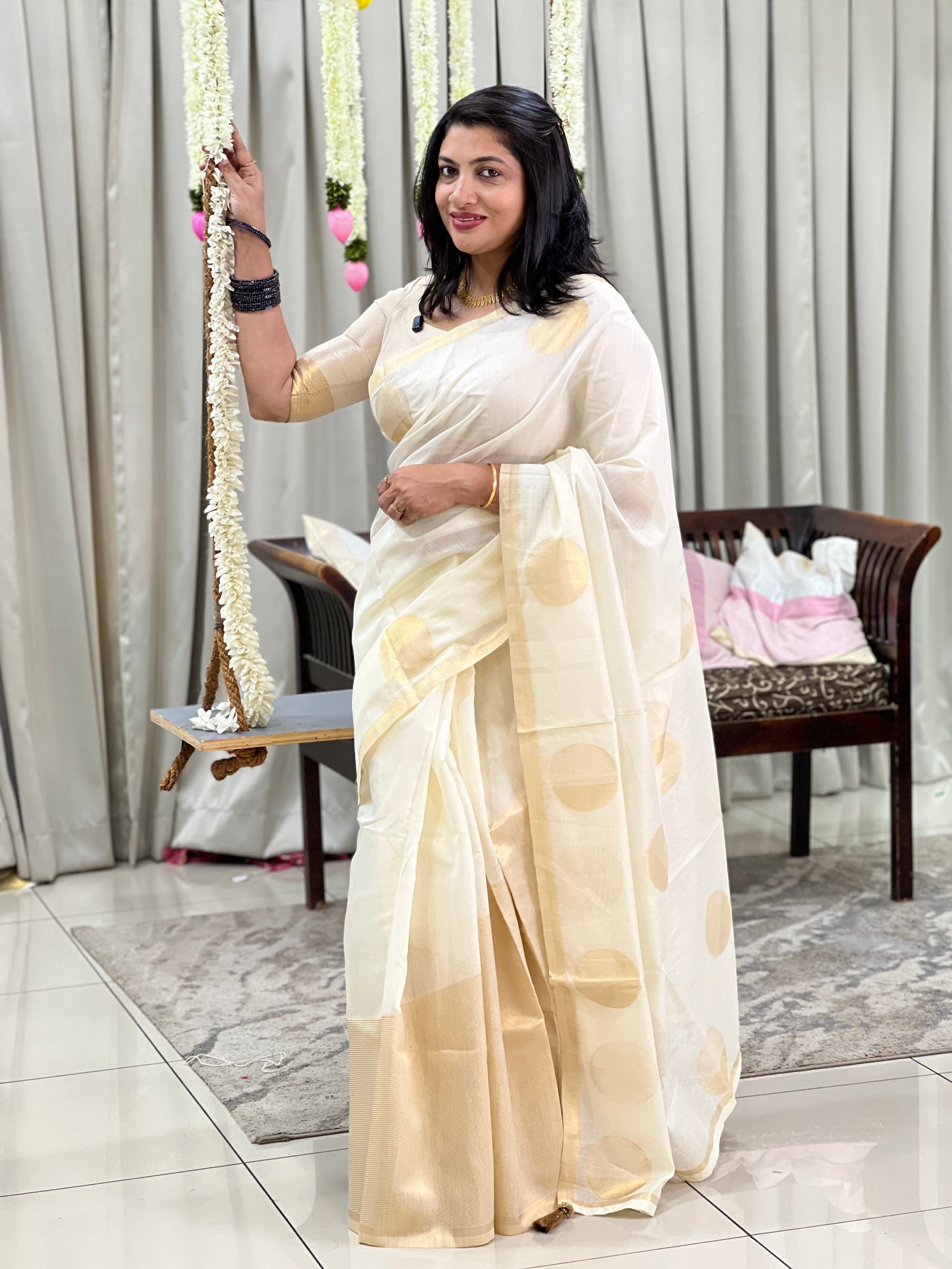 Polka Dots Pattern Chanderi Finish Saree | HT501