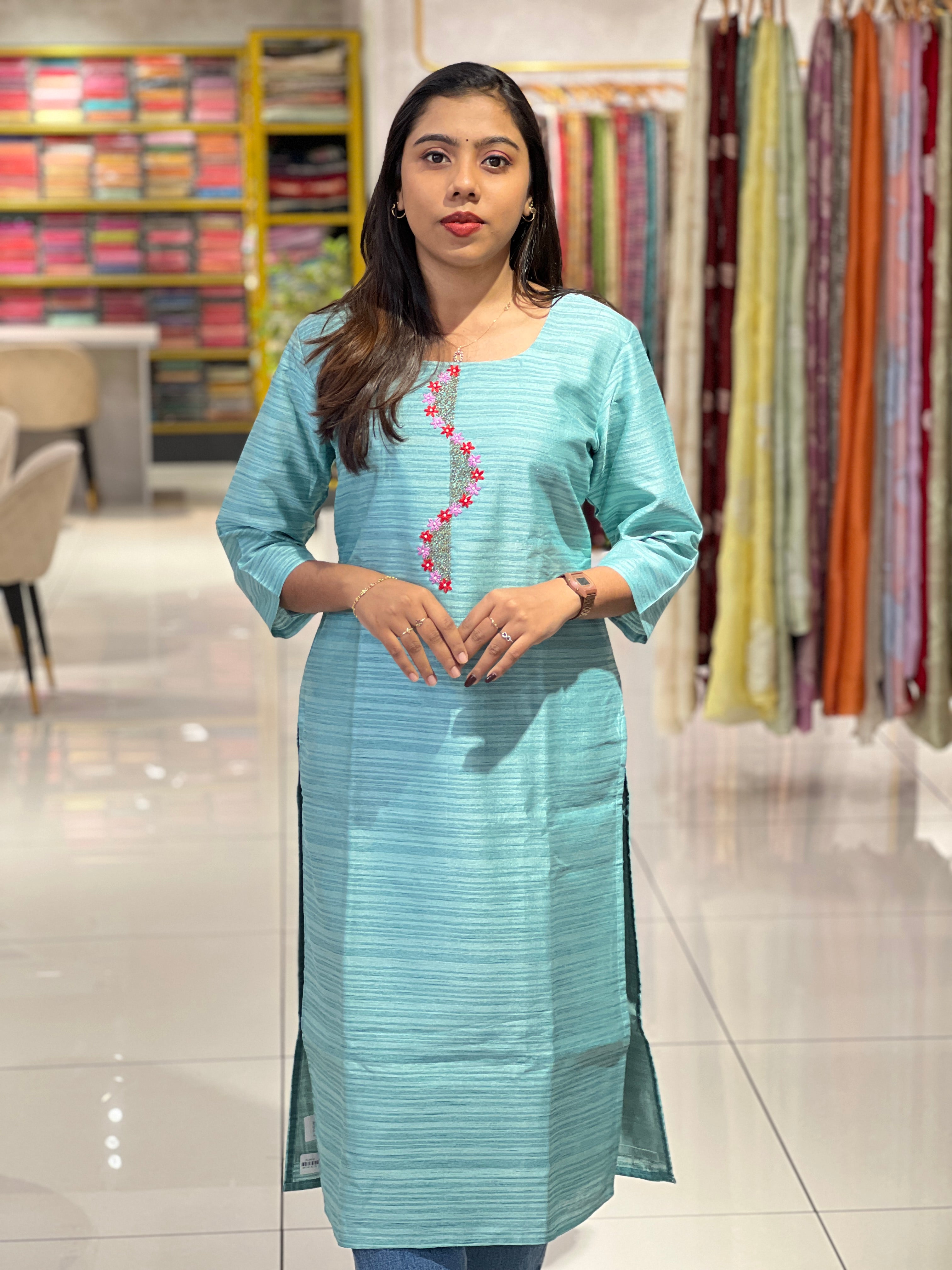 Floral Embroidery Detailed Raw Silk Kurta | DNT181