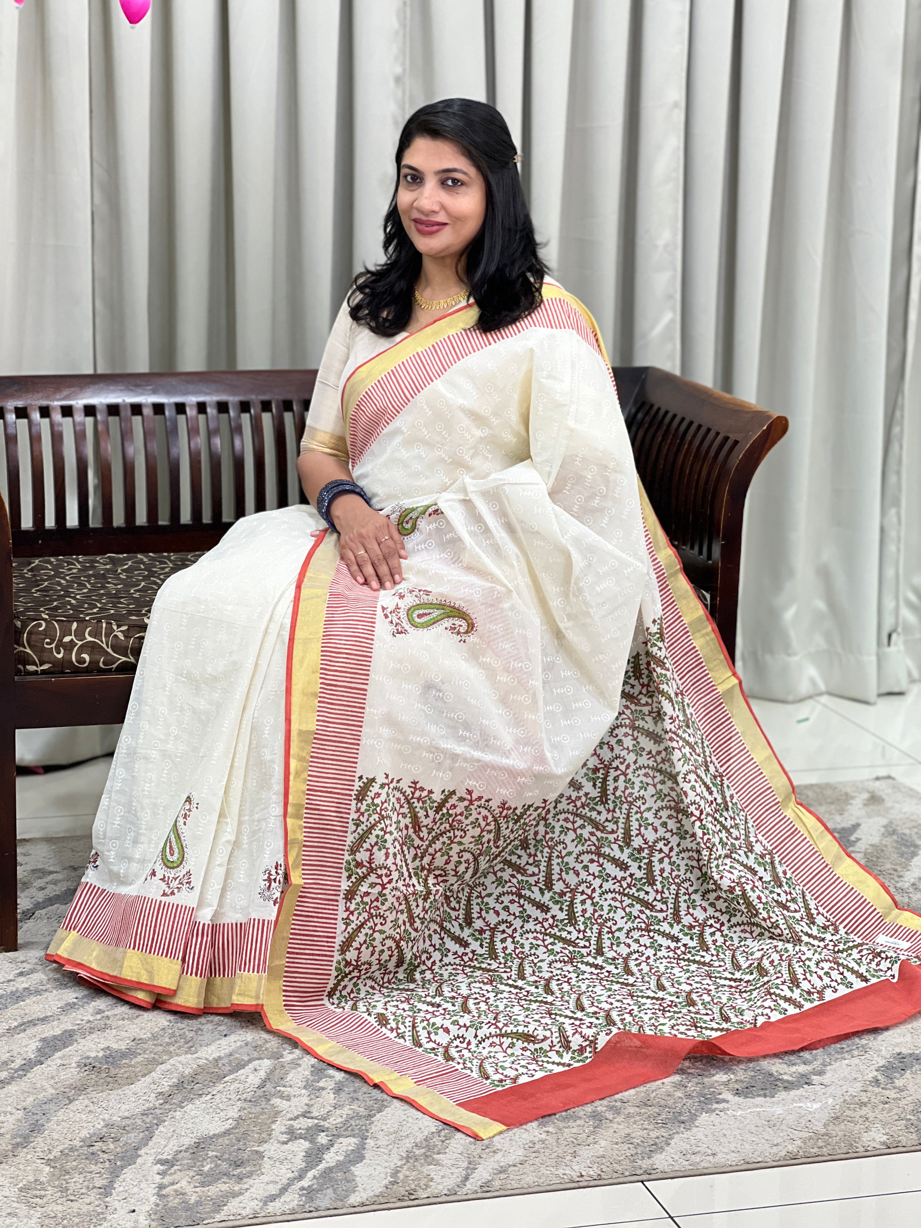 Block Printed Kerala Cotton Saree | JSC717